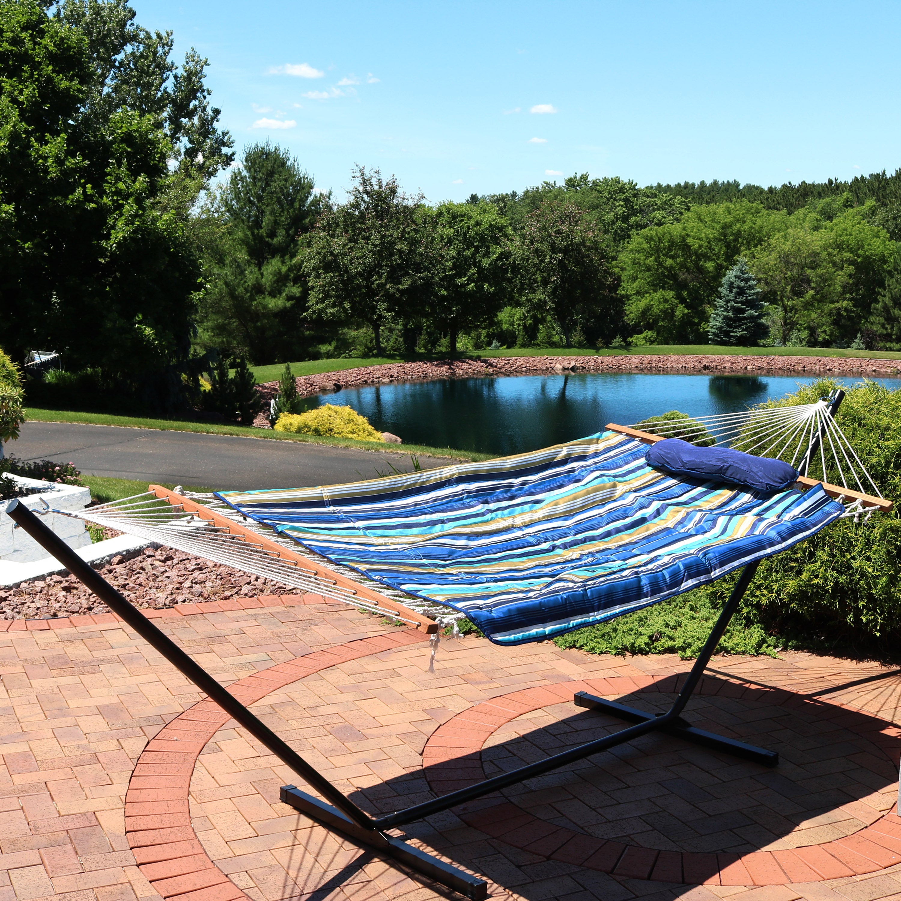 Premium Sunnydaze Rope Hammock with 12-Foot Steel Stand, Comfortable Pad & Pillow - Perfect for Backyard Relaxation, Beach Lounging & Outdoor Camping
