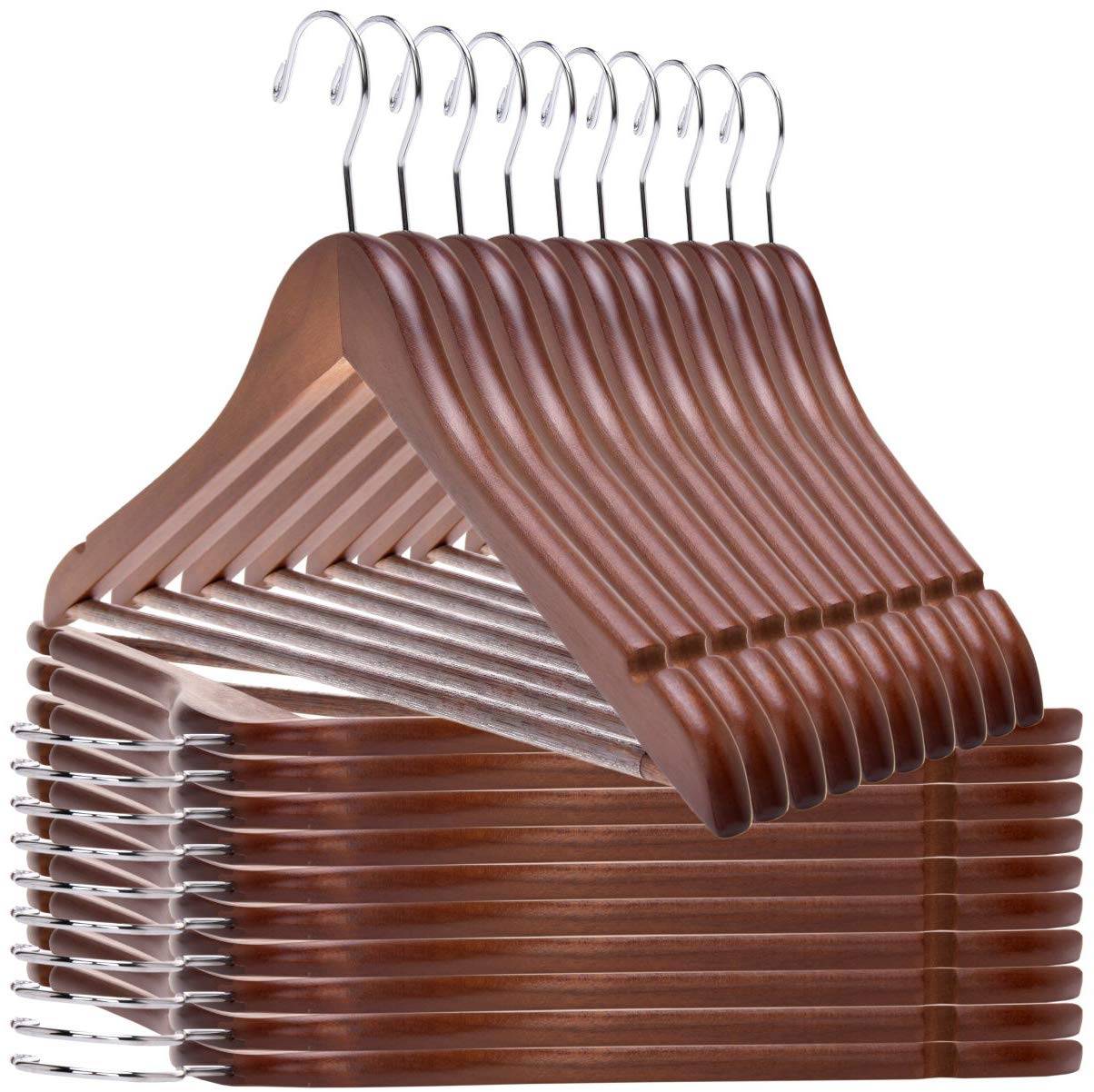 Premium Solid Wooden Hangers 80-Pack - Natural Walnut Wood Coat Hangers with Chrome Hooks for Clothes, Jackets & Suits | Heavy Duty Slightly Curved Design for Wardrobe Organization | Perfect for Home, Closet, Laundry Room & Retail Stores