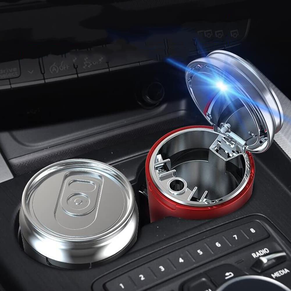 iKASUS Portable Car Ashtray with Lid & Blue LED Light - Smokeless Cigarette Holder, Mini Car Trash Can for Cup Holder - Creative Car Decor Accessory for Travel, Commuting & Road Trips