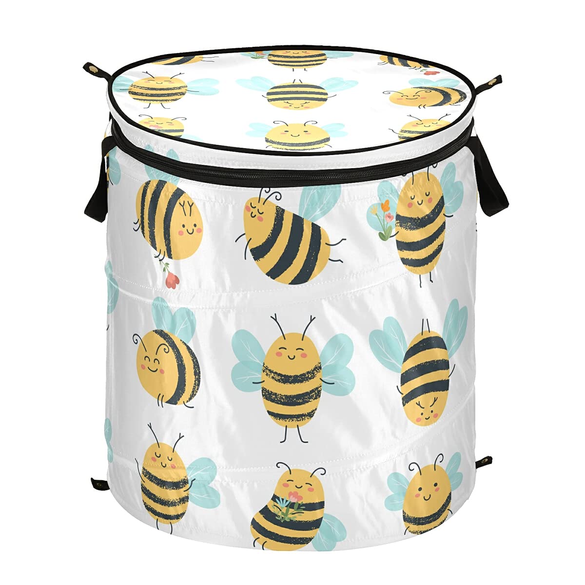 AJINGA Kids Laundry Basket with Lid - Large Collapsible Clothes Hamper with Handle, Funny Yellow Bee Design, Foldable Round Toy Organizer for Boys & Girls - Perfect for Bedroom, Nursery, Playroom & Dorm Storage