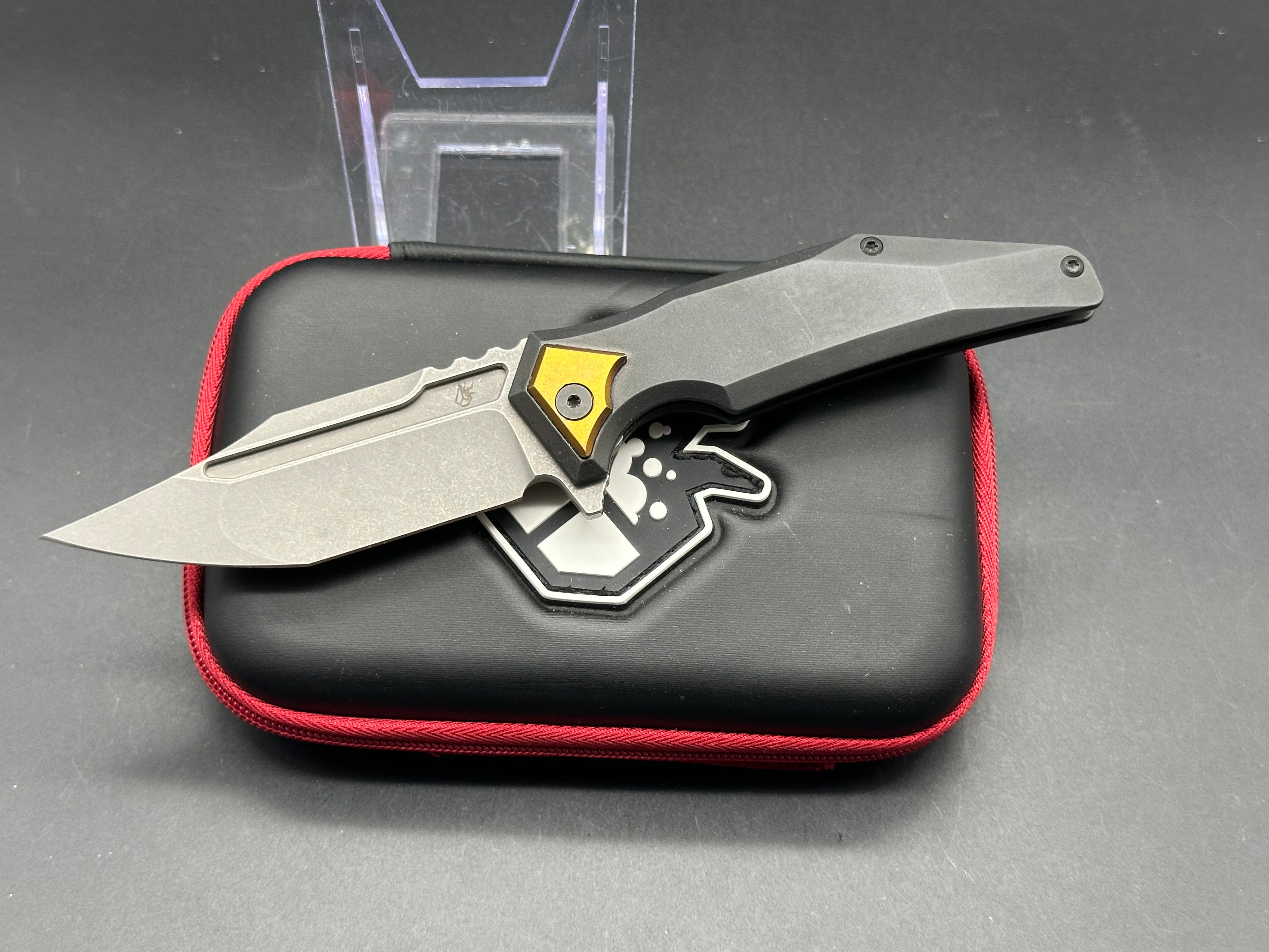 Arcane Design Abyss Custom Charcoal Grey Titanium Frame Knife with Bronze Anodized Bolster & Stonewash Bohler M390 Blade - EDC, Outdoor, Camping, Survival Gear