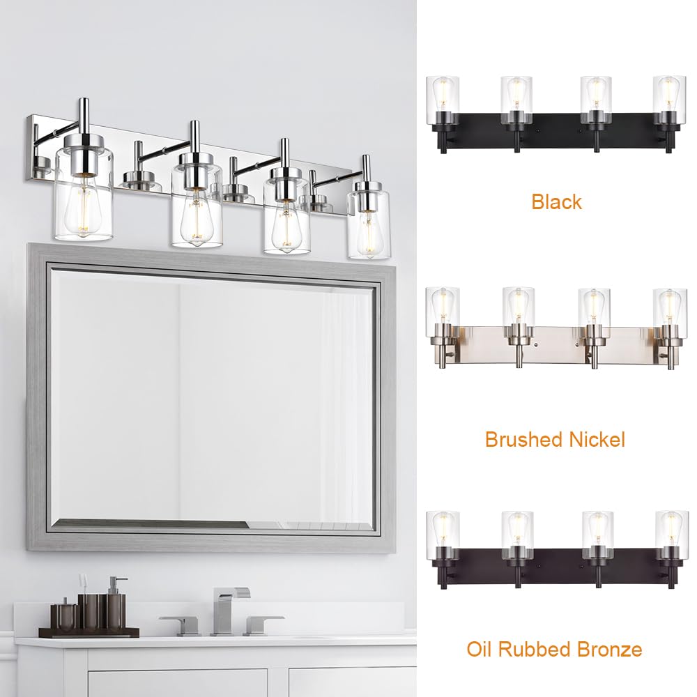 Modern Bathroom Lighting Fixture - 4-Light Vanity Light with Clear Glass Shade, Chrome Finish Industrial Wall Sconce for Bedroom & Hallway (Patent No. US D958,438 S) - Perfect for Contemporary Home Decor, Spa-Like Bathrooms and Elegant Entryways