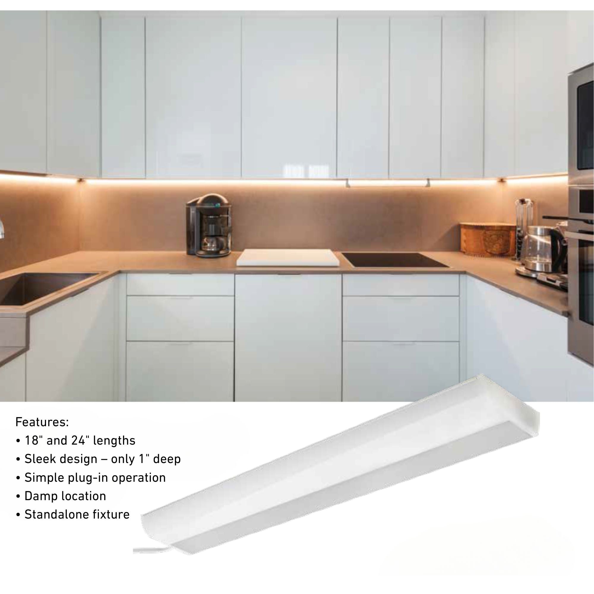 24 Inch LED Under Cabinet Plug-in Light Bar - 1050 Lumens, 3000K Warm White, 120V - Perfect for Kitchen Countertops, Pantry Shelves & Workspace Lighting