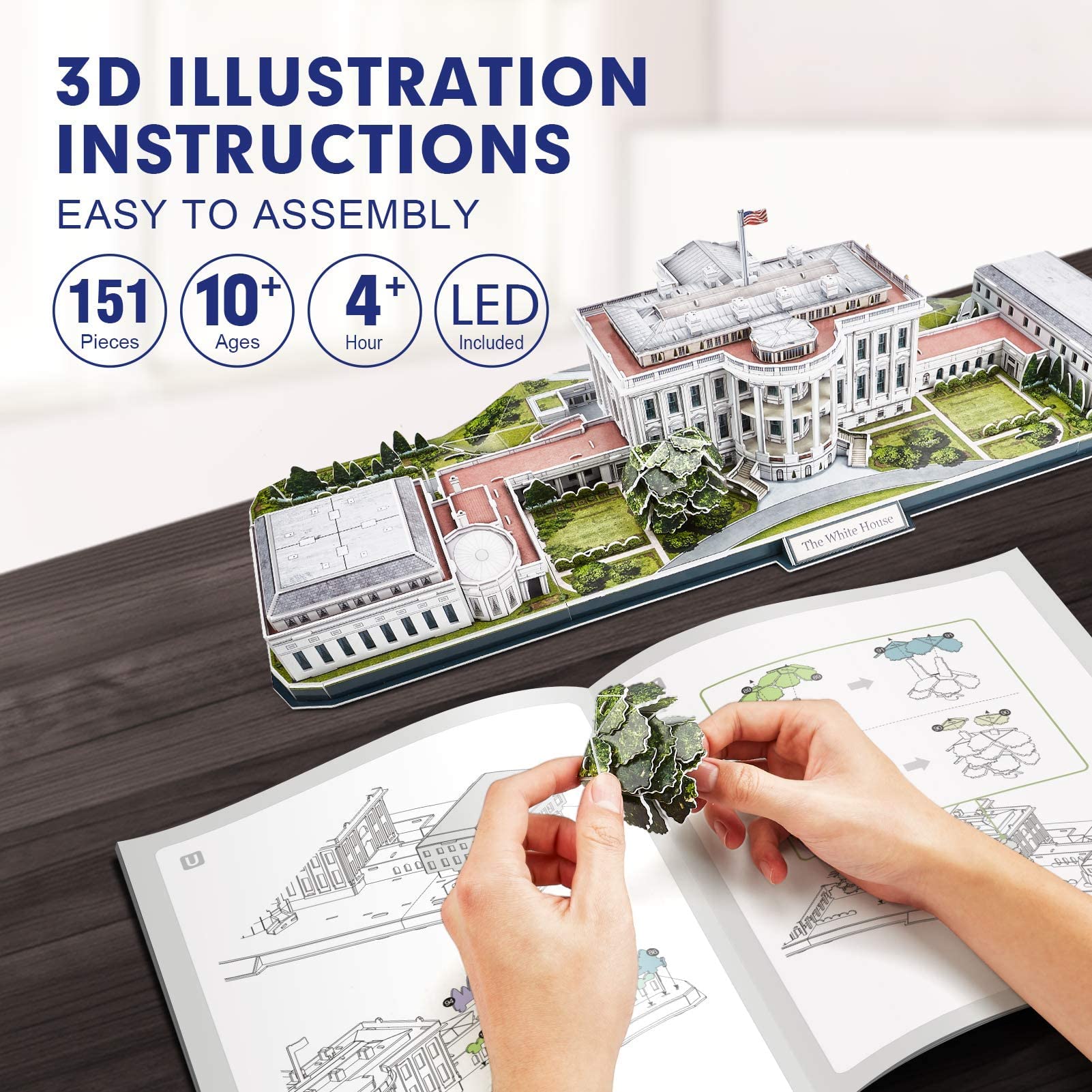 CubicFun 3D Puzzle LED Rotatable White House Model Kit with Detailed Interior – 151 Pieces US Architecture Building Set for Adults, Family Puzzle Desk Decor – Perfect Birthday Gift for Women & Men | Home Office Decoration & Collectible Display