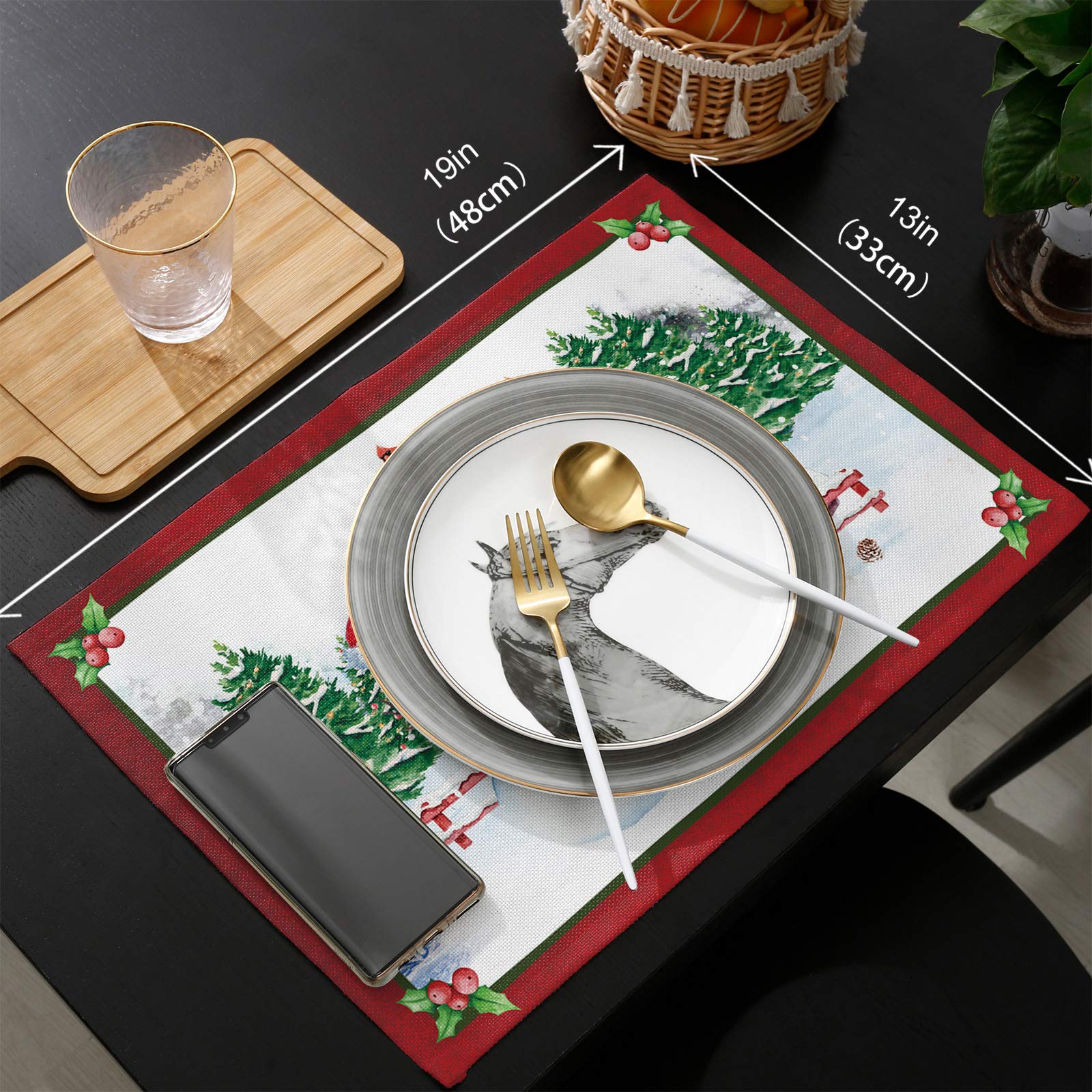 Winter Christmas Red Barn Robin Placemats Set of 4 - 13x19 Inch Washable Cotton Linen Table Mats for Dining Table, Kitchen, Party & Wedding | Cozy Holiday Decor & Festive Dinner Setting