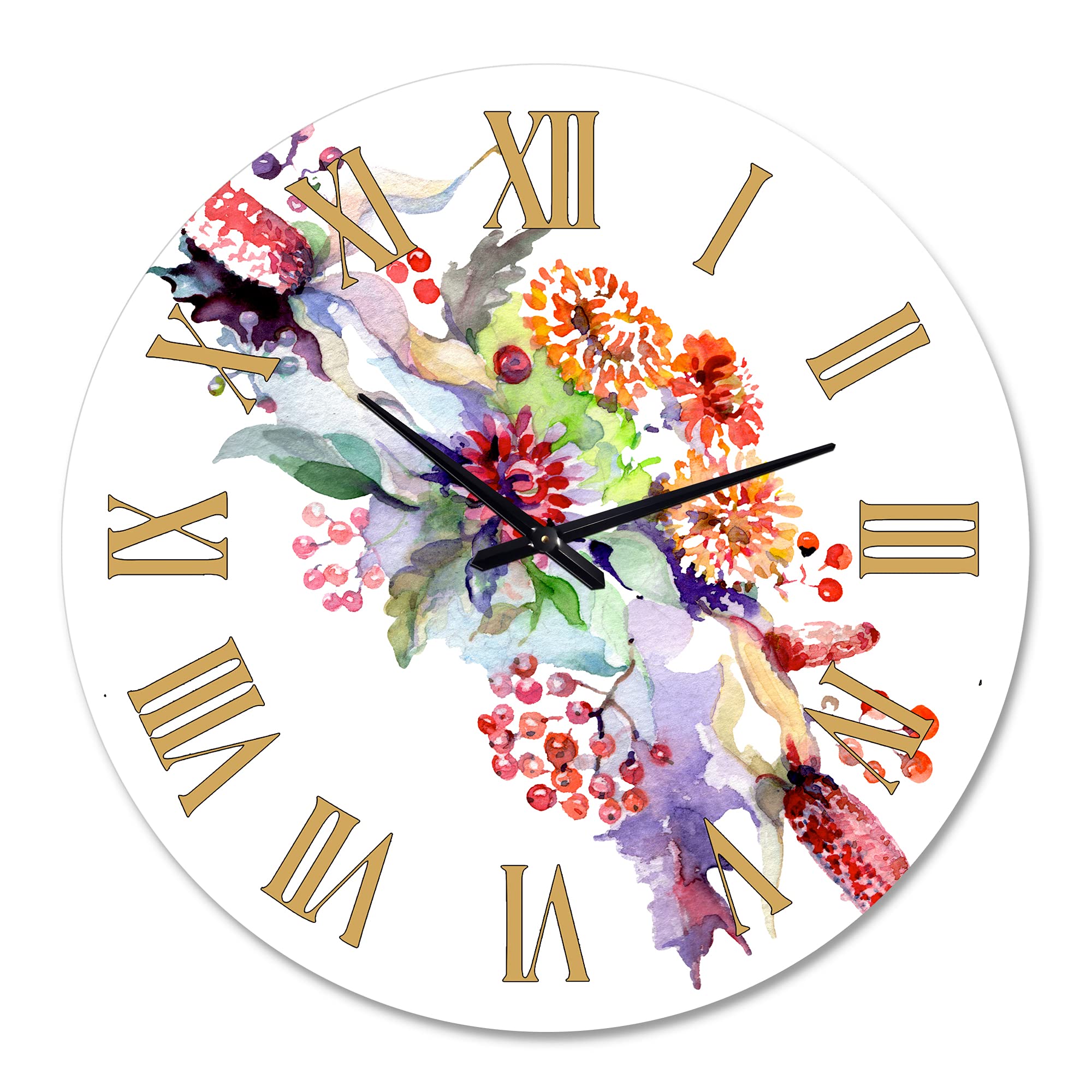 DesignQ Traditional Wall Clock - Floral & Botanical Large Wall Decor with Wildflowers and Berries | Perfect for Living Room, Bedroom & Office Décor