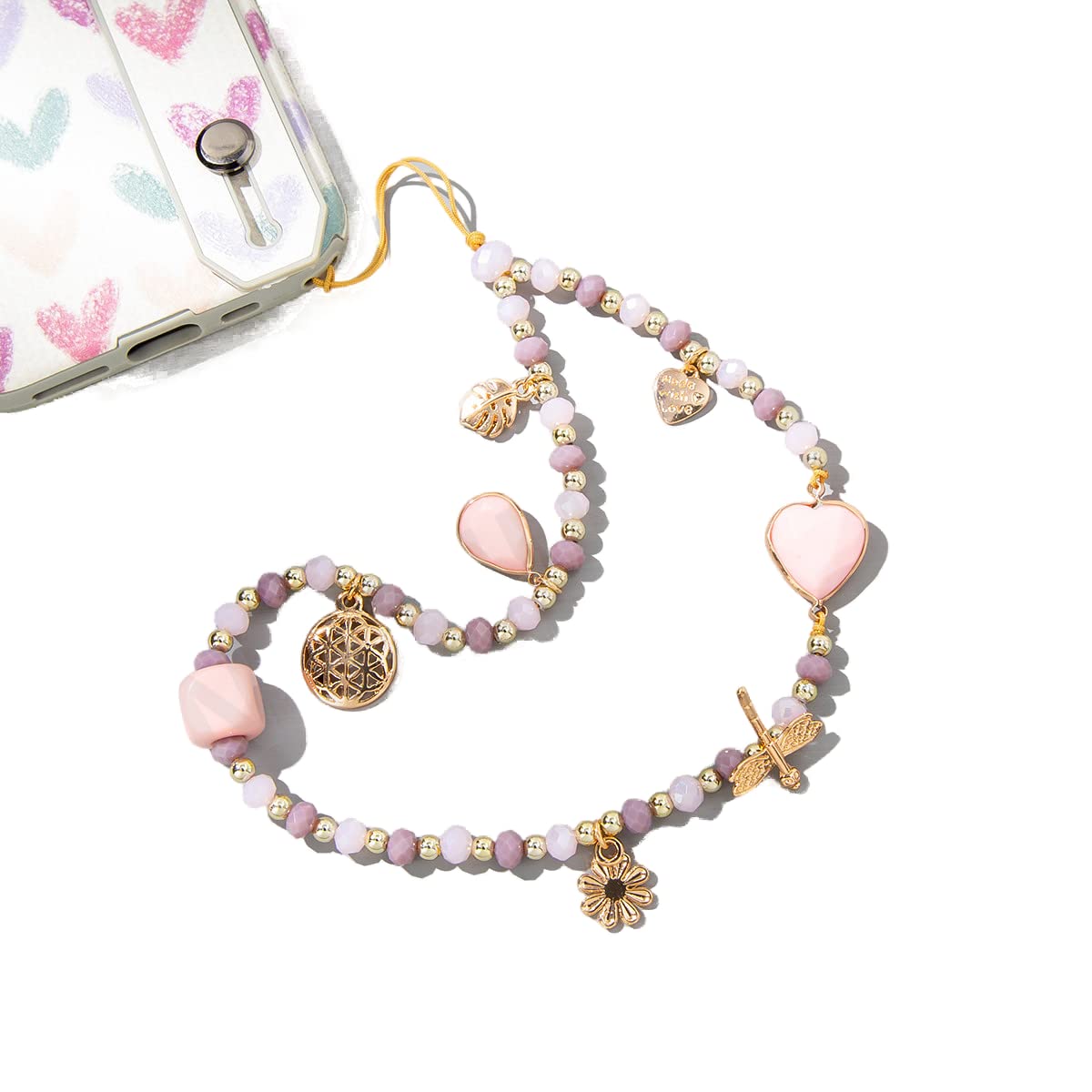 Crystal Beaded Phone Lanyard Wrist Strap - Colorful Love Heart Beads Anti-Lost Phone Strap for Women & Girls | Cute Phone Charm & Keychain Accessory | Perfect for Work, School, Travel & Daily Use (Purple)