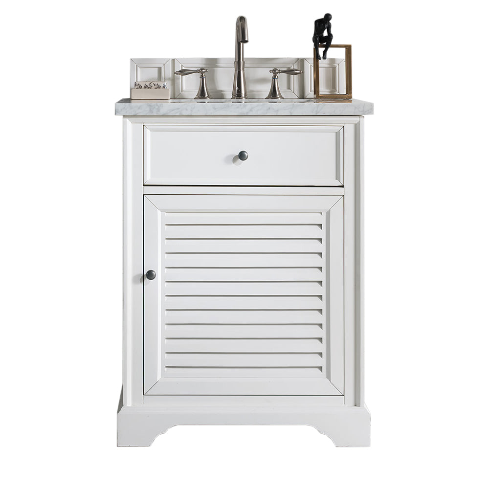 Savannah 26-Inch Bright White Bathroom Vanity with 3CM Carrara Marble Top - Perfect for Modern Master Bathrooms & Powder Rooms