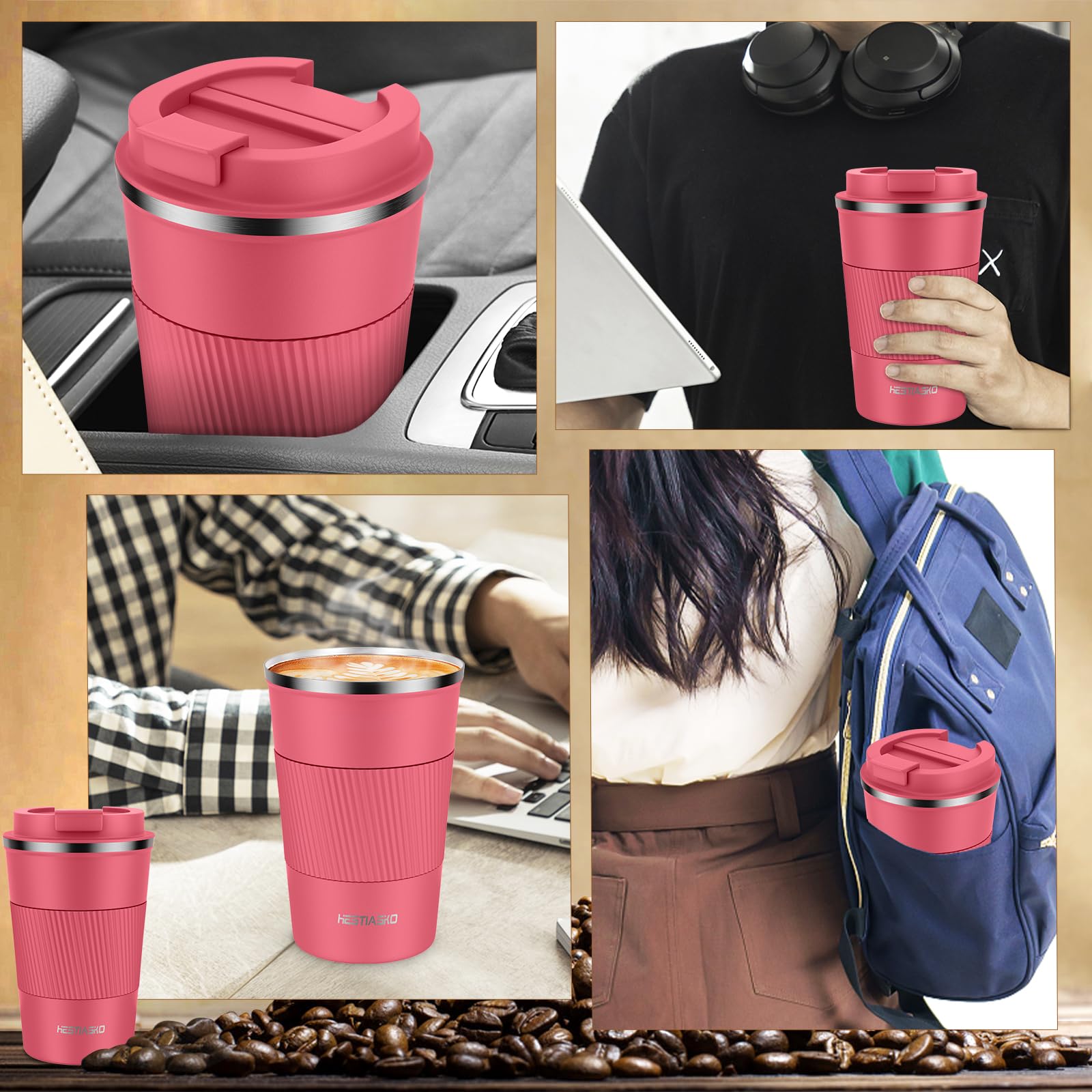 Hestiasko 13 oz (380ml) Double Walled Vacuum Insulated Travel Coffee Mug - 304 Stainless Steel Leakproof Tumbler with Lid for Hot & Cold Drinks (Rose Red) - Perfect for Coffee, Tea, Cola, Milk on the Go, Office, Commuting & Outdoor Activities