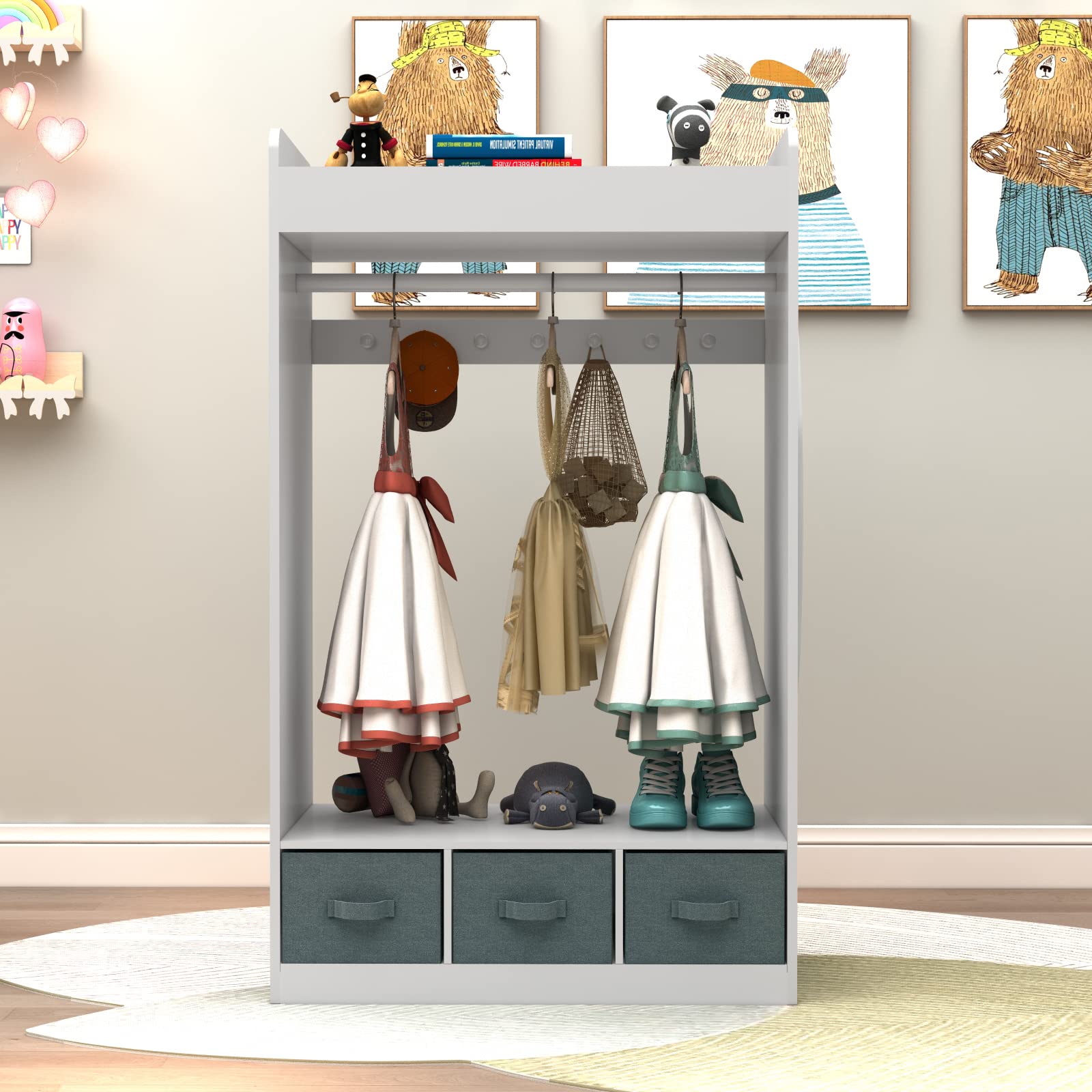 Kids Costume Organizer with Mirror & Storage Bin - Hanging Dress Up Closet for Pretend Play - White | Perfect for Bedroom, Playroom & Toy Storage Organization