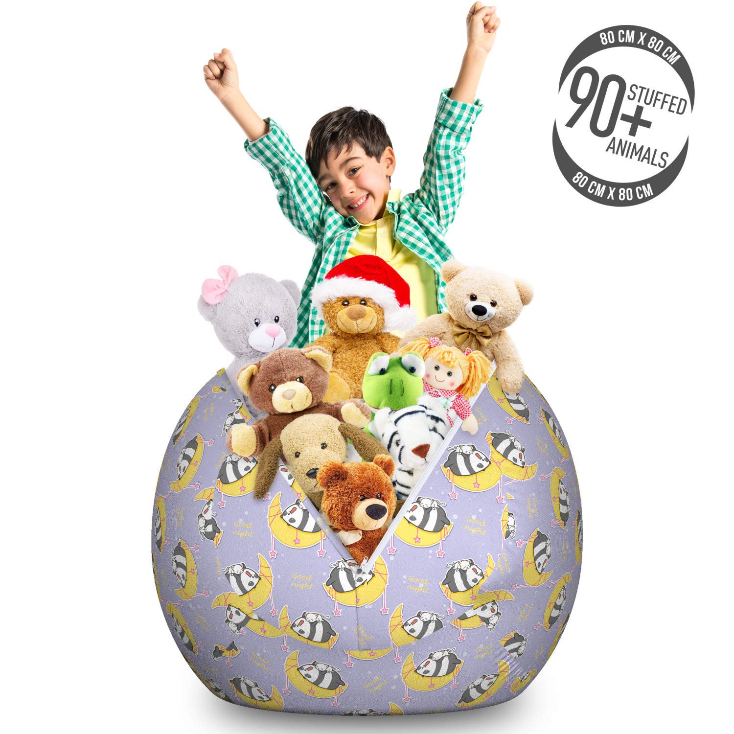 Ambesonne Large Washable Stuffed Animal Storage Bag - Toy Organizer Chair with Lazy Cat & Panda Sleeping on Moon & Stars Design, Mustard Purple - Perfect for Kids' Room, Nursery, and Playroom Organization