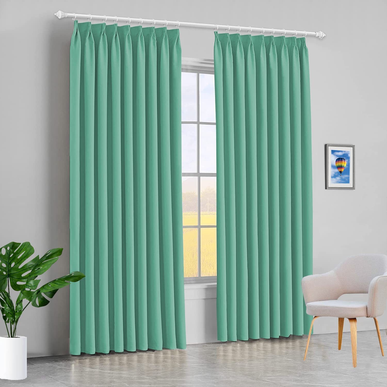 Blackout Double Pinch Pleated Extra Wide Curtains 72x96 Inches - Thermal Insulated Room Darkening Drapes for Living Room, Bedroom & Patio Sliding Doors (Seafoam Green Solid, 1 Panel) - Perfect for Home Theater, Nursery & Light Control