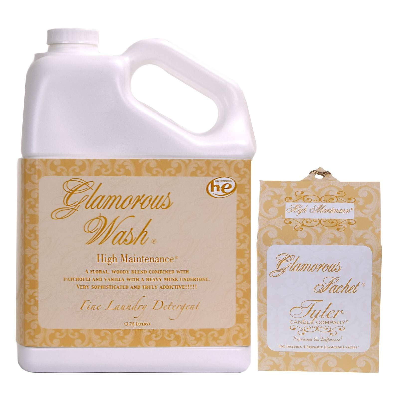 Tyler Candle Glamorous Wash High Maintenance Laundry Detergent 128oz Bundle with Scented Sachets - Premium Fragrance for Clothes & Linens - Perfect for Luxury Laundry Care & Fresh Scented Wardrobes