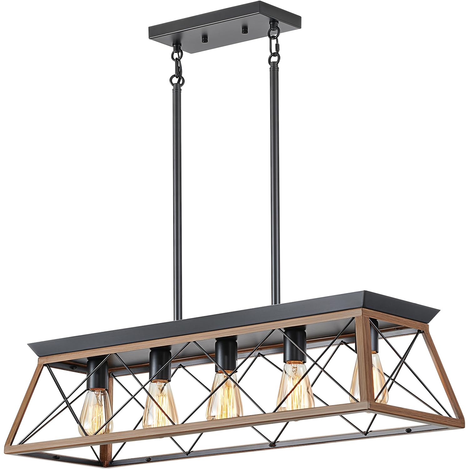 Farmhouse Kitchen Island Lighting - 5-Light Rustic Rectangular Chandelier (31.5 Inch) - Walnut Finish Dining Room Pendant Light for Kitchen, Breakfast Nook, Pool Table & Game Room Lighting