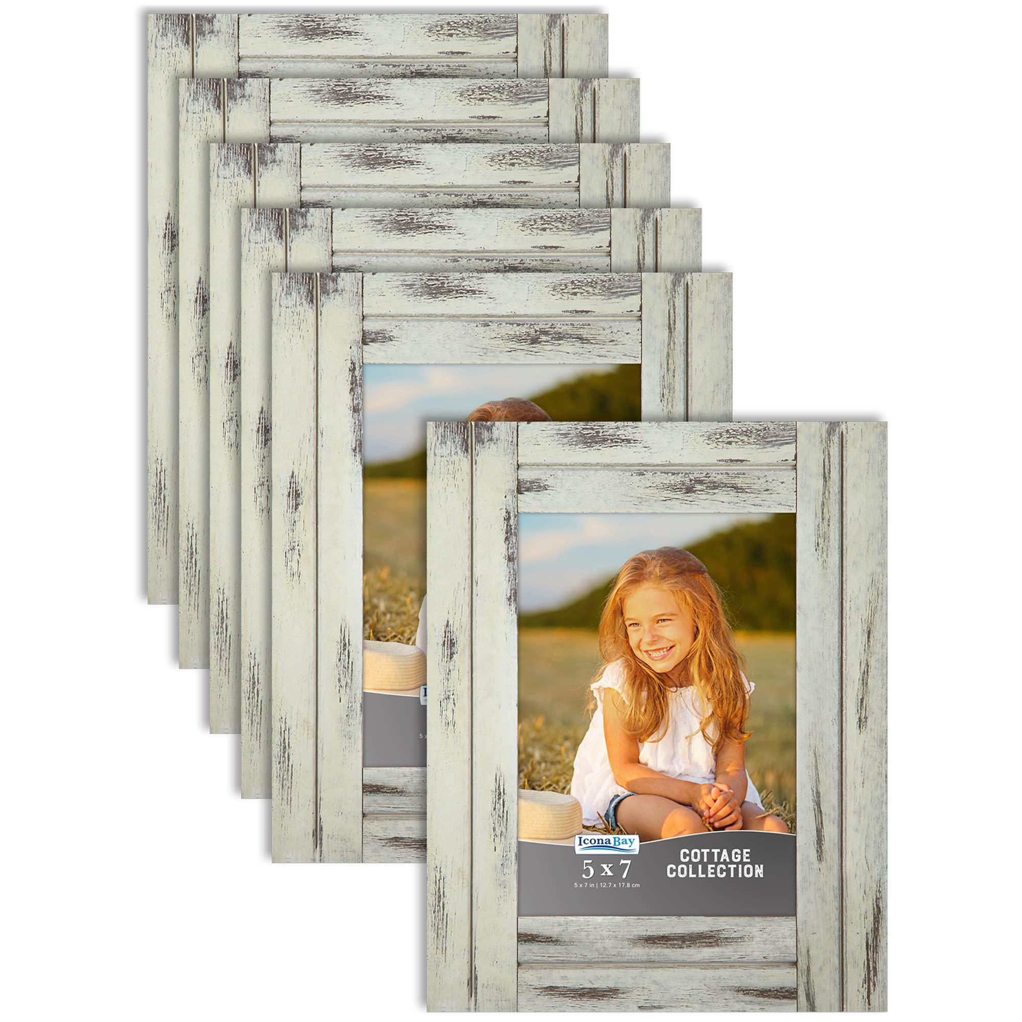Icona Bay 5x7 (13x18 cm) Picture Frames - 6 Pack Rustic Wood Photo Frames in Creamery White, Natural Real Wood Wall Decor for Living Room, Bedroom, Office & Cottage Style Home Decor