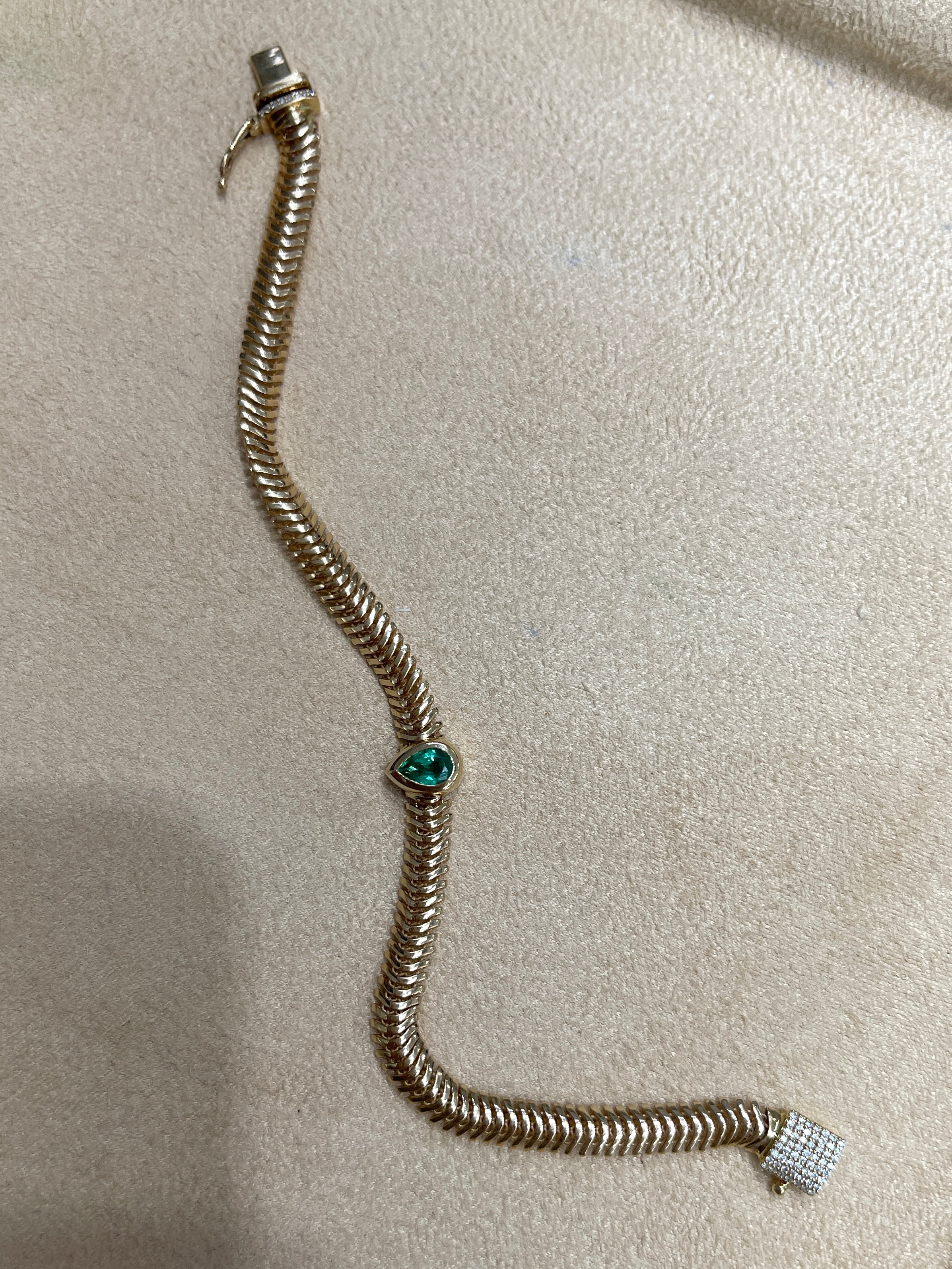 14K Gold Teardrop Emerald & Diamond Snake Chain Bracelet - Elegant Fine Jewelry for Women, 6.5 Inch Adjustable, Perfect for Weddings, Parties & Special Occasions
