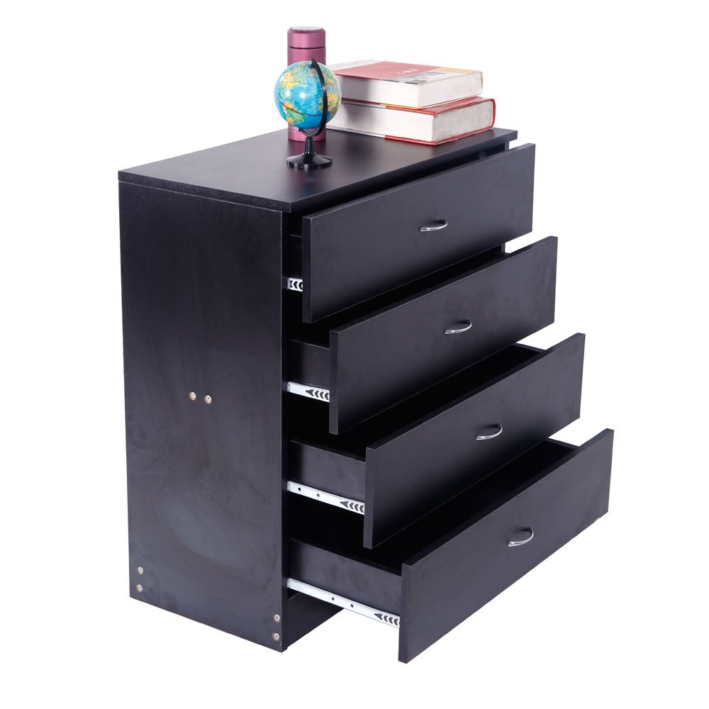 Teeker 4-Drawer MDF Wood Dresser Organizer - Black Storage Cabinet for Bedroom, Living Room & Office | Space-Saving Bedside Table with Simple Design for Clothes, Books & Home Organization