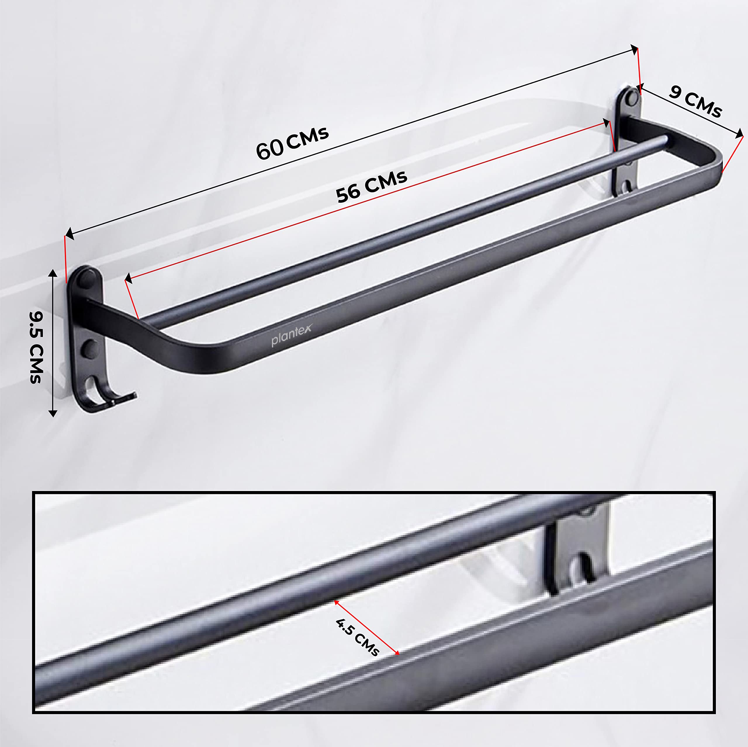 Plantex Space Aluminum Towel Rod with Hooks - 24 Inch Black Bathroom Towel Holder & Hanger Stand - Durable Bathroom Accessories for Showers, Spas & Home Decor