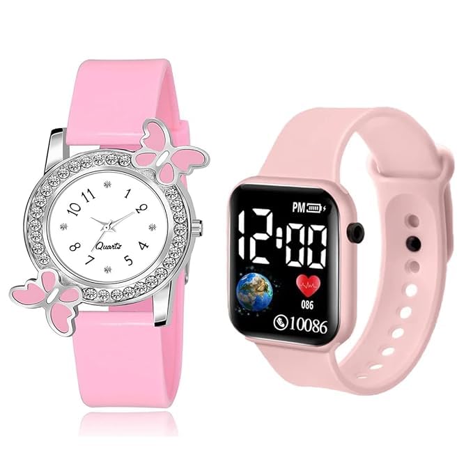 KE GALLERY Butterfly Analog & Digital LED Watch for Girls & Women - 2-Piece Combo Set with Day/Date Display | Perfect for School, Sports & Everyday Wear