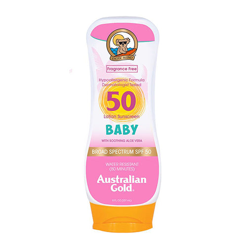Australian Gold Baby Lotion SPF 50 Sunscreen - 8 oz Bottle - Broad Spectrum UVA/UVB Protection - Water Resistant - Gentle for Baby Skin - Perfect for Beach, Pool & Outdoor Activities