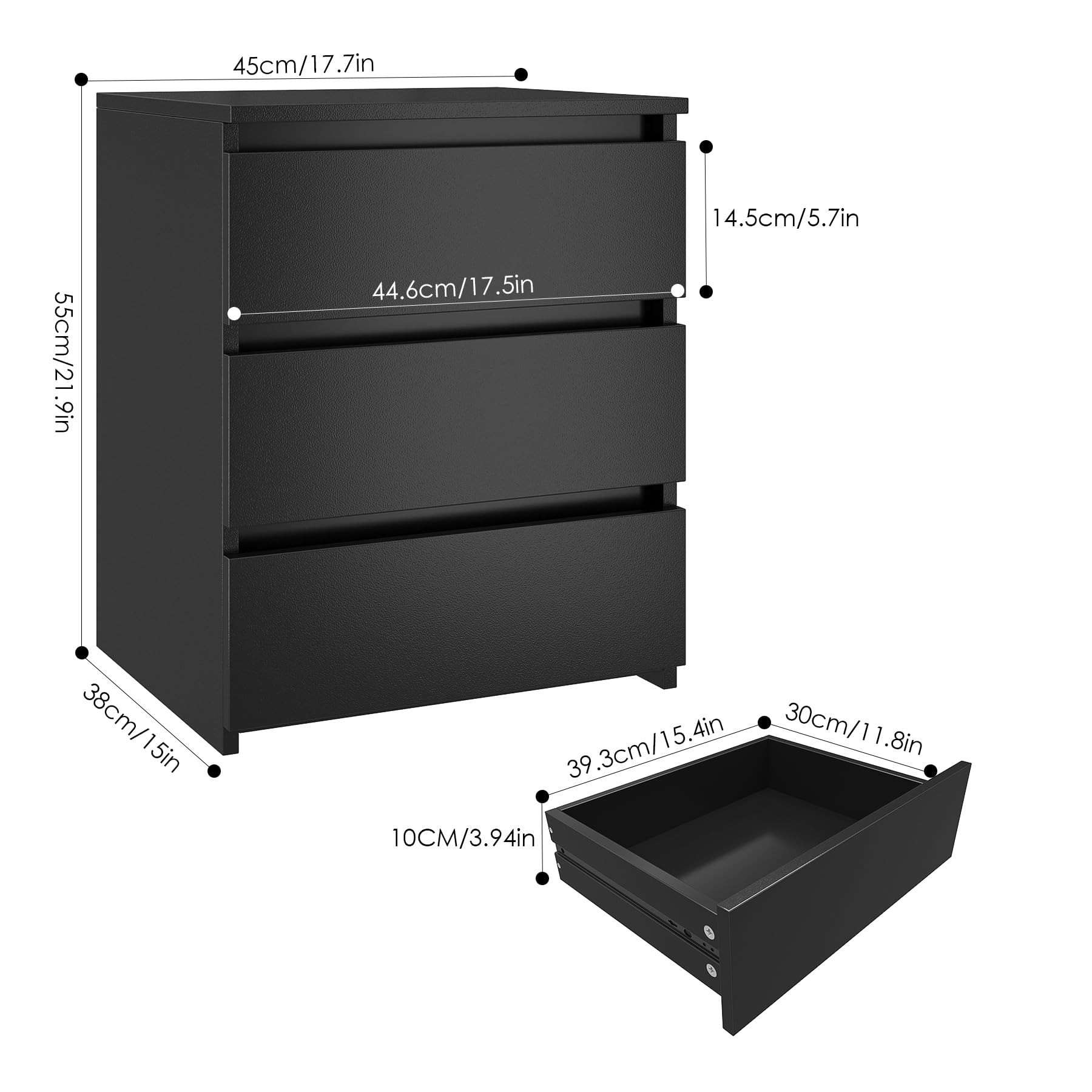 FOTOSOK 2-Piece Black Nightstand Set with 3 Drawers - Modern Bedside Table for Bedroom, Sofa Side Table with Cut-Out Handles (17.7