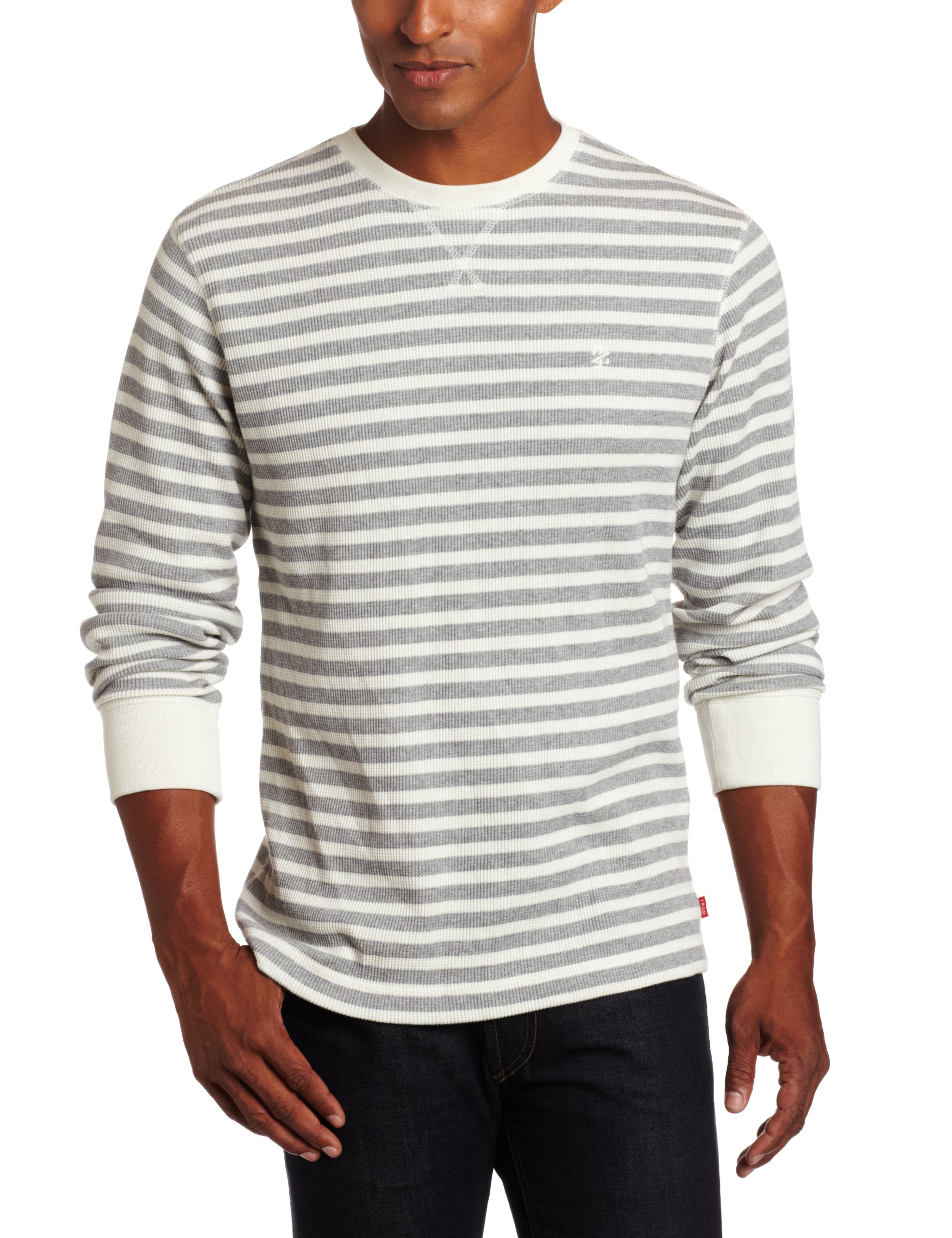 IZOD Men's Stripe Waffle Crew Neck Long Sleeve Shirt - Casual Comfort Fit Button Down Top for Work, Office & Everyday Wear