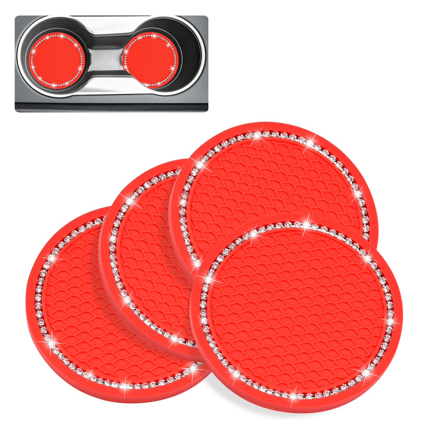 4 Pack Bling Car Coasters - Anti Slip PVC Cup Holder Inserts with Crystal Glitter | Universal Fit for Most Vehicles | Durable & Stylish Interior Accessories for Women & Girls | Perfect for Coffee, Drinks & Road Trips (Red, 2.75
