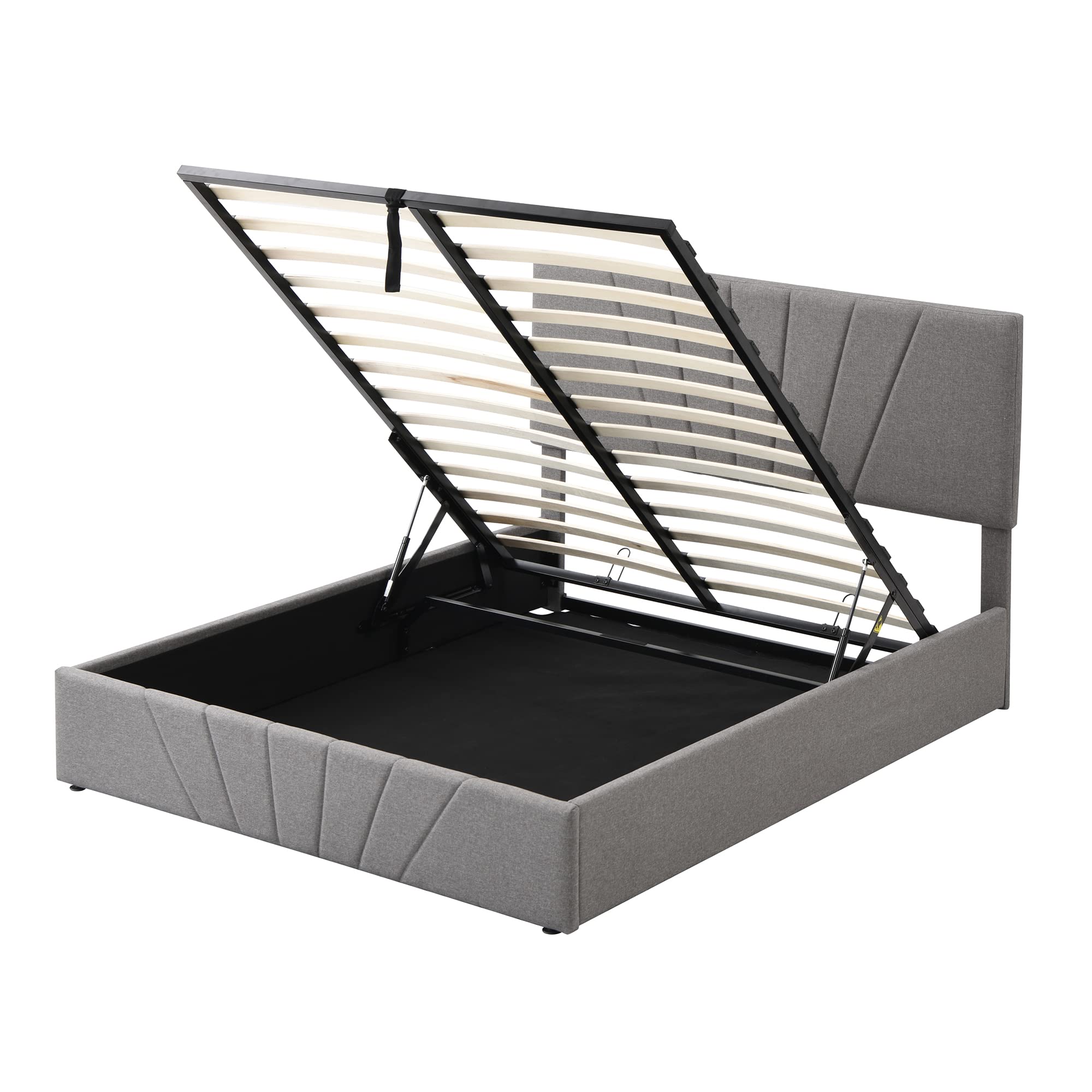 Queen Size Upholstered Platform Bed Frame with Gas Lift Storage | Grey Tufted Headboard & Hydraulic System | Space-Saving Bedroom Furniture for Small Apartments & Guest Rooms