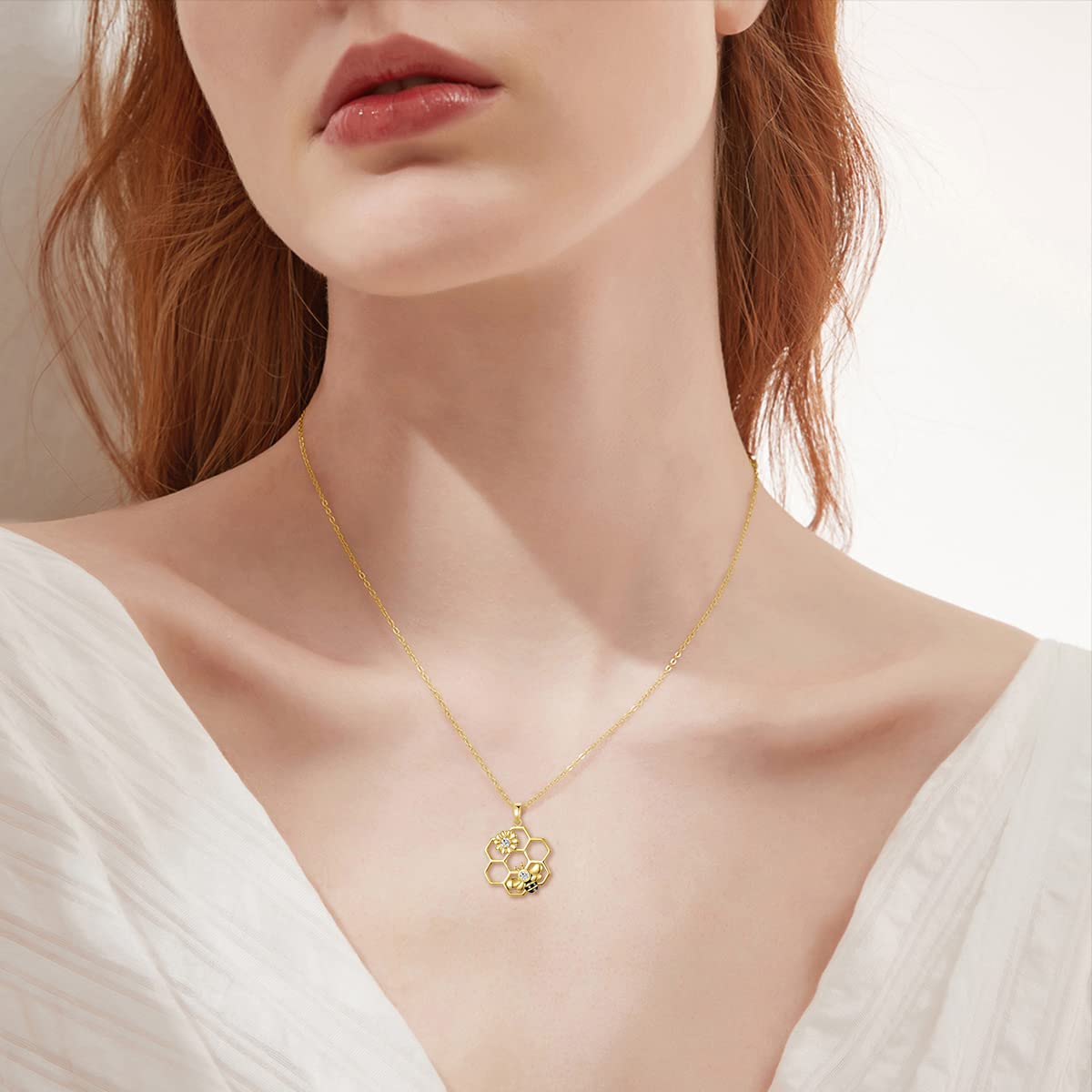 14K Yellow Gold Honey Bee Pendant Necklace for Women - Elegant Honeycomb & Heart Charm Jewelry Gift for Mom, Wife, Her | Perfect for Mother's Day, Anniversary & Romantic Occasions