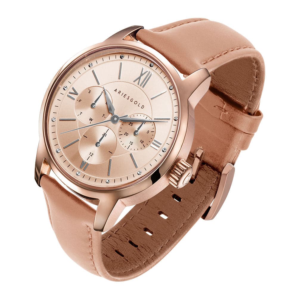 ARIES GOLD Urban Eternal Rose Gold Stainless Steel Women's Watch with Dusty Pink Leather Strap - Perfect for Everyday Wear, Office & Special Occasions