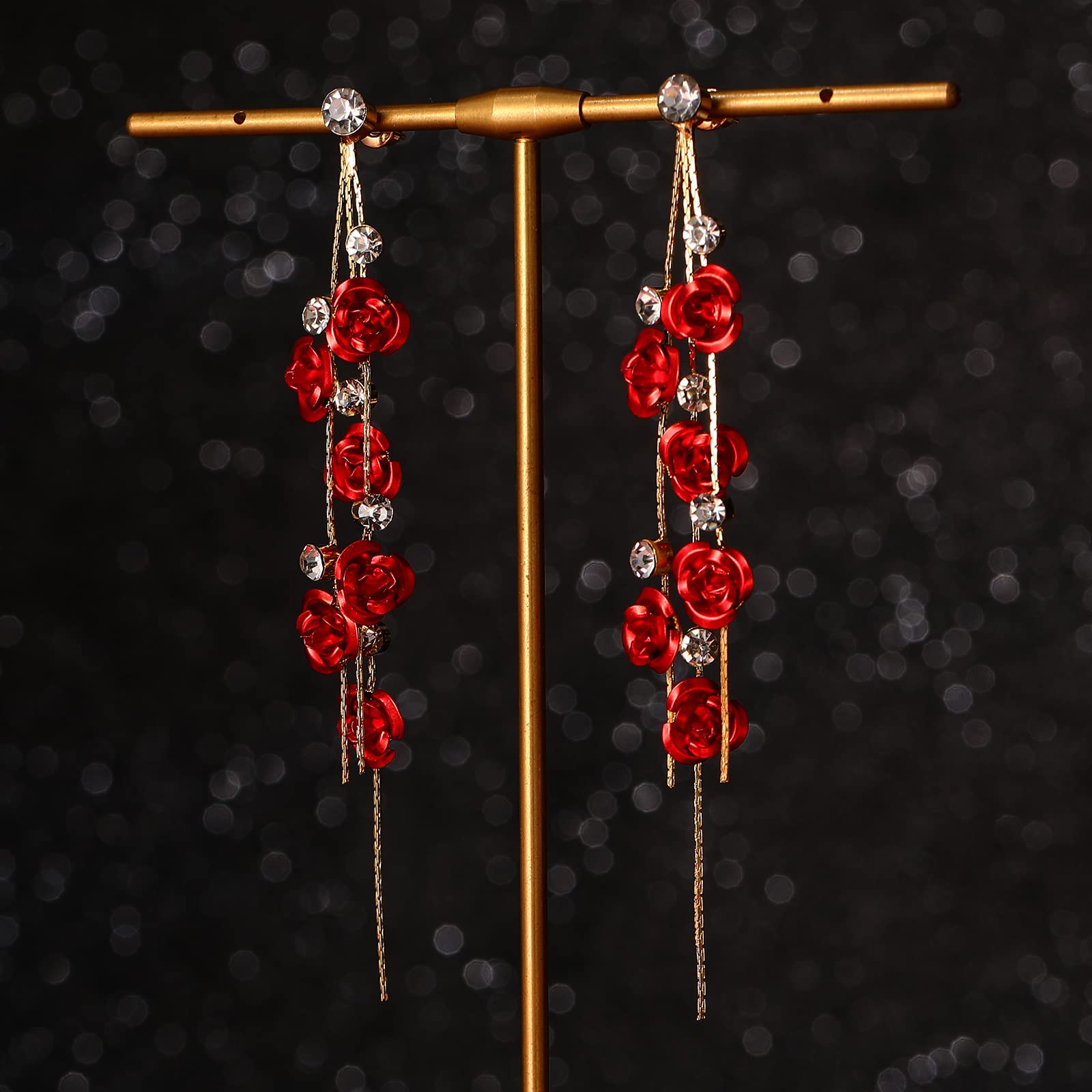 Sureio Bridal Wedding Queen Crown & Rose Jewelry Set - Red Rose Tiara, Long Necklace, Dangle Earrings for Women | Perfect for Wedding, Engagement, Halloween, Birthday Party & Special Occasions