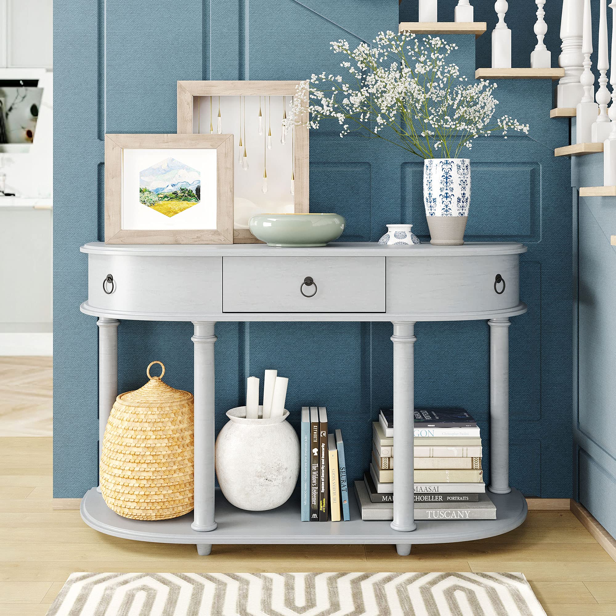 Vintage Half Moon Curved Console Table with Solid Wood Frame & Single Drawer - Retro Sofa Table, Entryway Cabinet for Home, Kitchen, Living Room | Perfect for Hallway Decor, Farmhouse Style & Small Space Organization