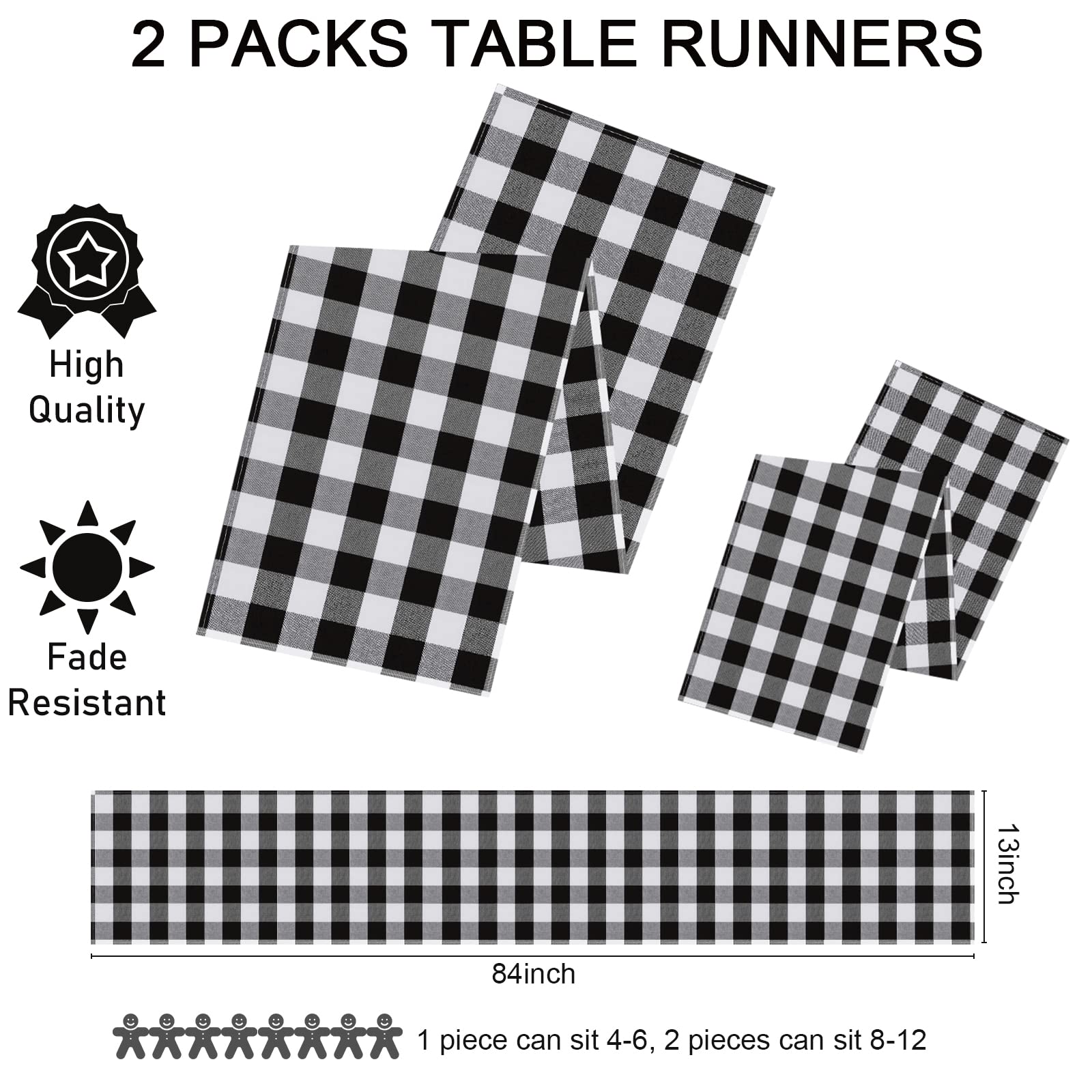 Buffalo Plaid Table Runner 2-Pack 13x84 Inches Black and White Checkered Tablecloth for Fall, Thanksgiving, Christmas, and Holiday Parties - Perfect for Dining Tables, Buffets, and Seasonal Decorations