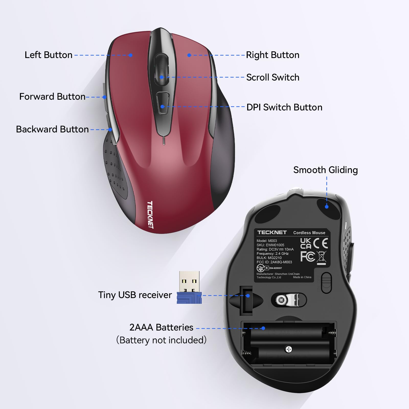 TECKNET Wireless Silent Mouse - 2.4G Optical Cordless USB Mouse with Quiet Click, 6 Adjustable DPI up to 4000 for Laptop, Chromebook, PC - Red | Perfect for Office, Library & Noise-Sensitive Environments