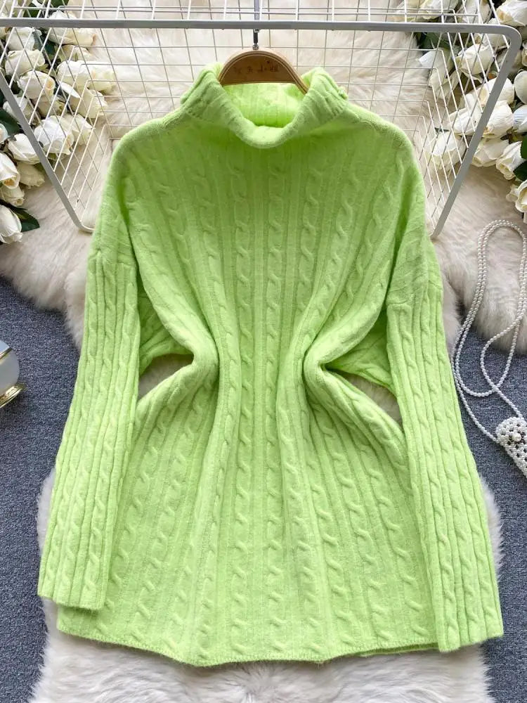Women's Elegant High Neck Knit Sweater - Warm Winter Pullover with Long Sleeves, Loose Fit Crochet Top for Casual & Office Wear | Cozy Autumn Winter Fashion