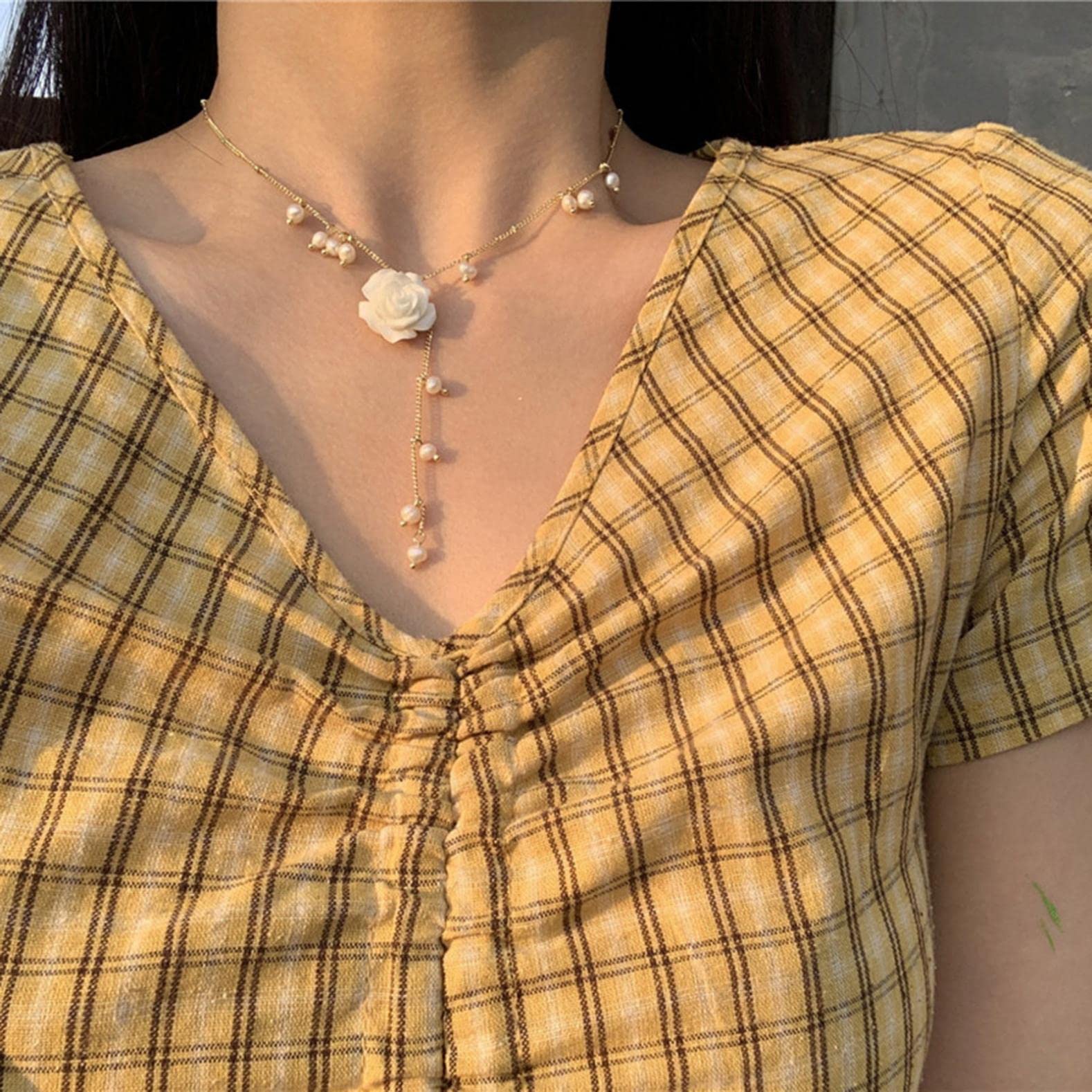 Elegant Pearl Plated Flower Necklace for Women - Paperclip Clavicle Chain, Minimalist INS Style Pendant, Delicate Sweater Chain | Perfect for Daily Wear, Office, Parties and Special Occasions