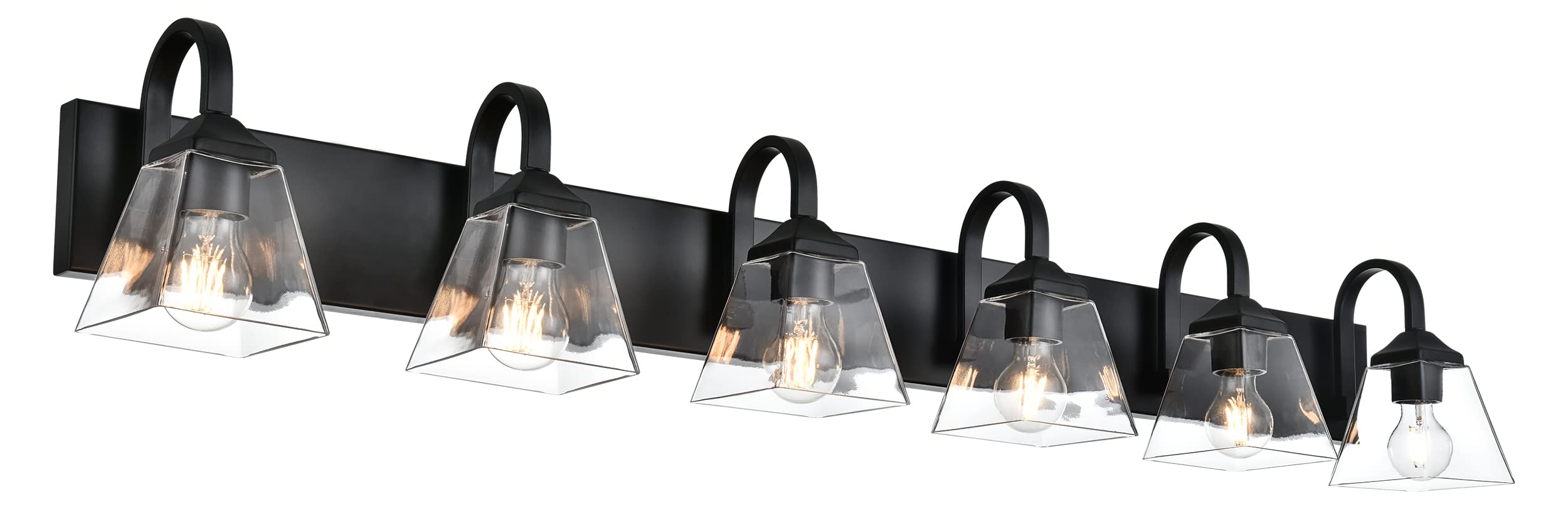 6-Light Vanity Light Fixture, 44.5 Inch Farmhouse Style Bathroom Wall Sconce with Clear Glass Shade - Black Finish for Bathroom Vanity, Dressing Table, Living Room & Bedroom Lighting - Perfect for Modern Home Decor and Cozy Ambiance