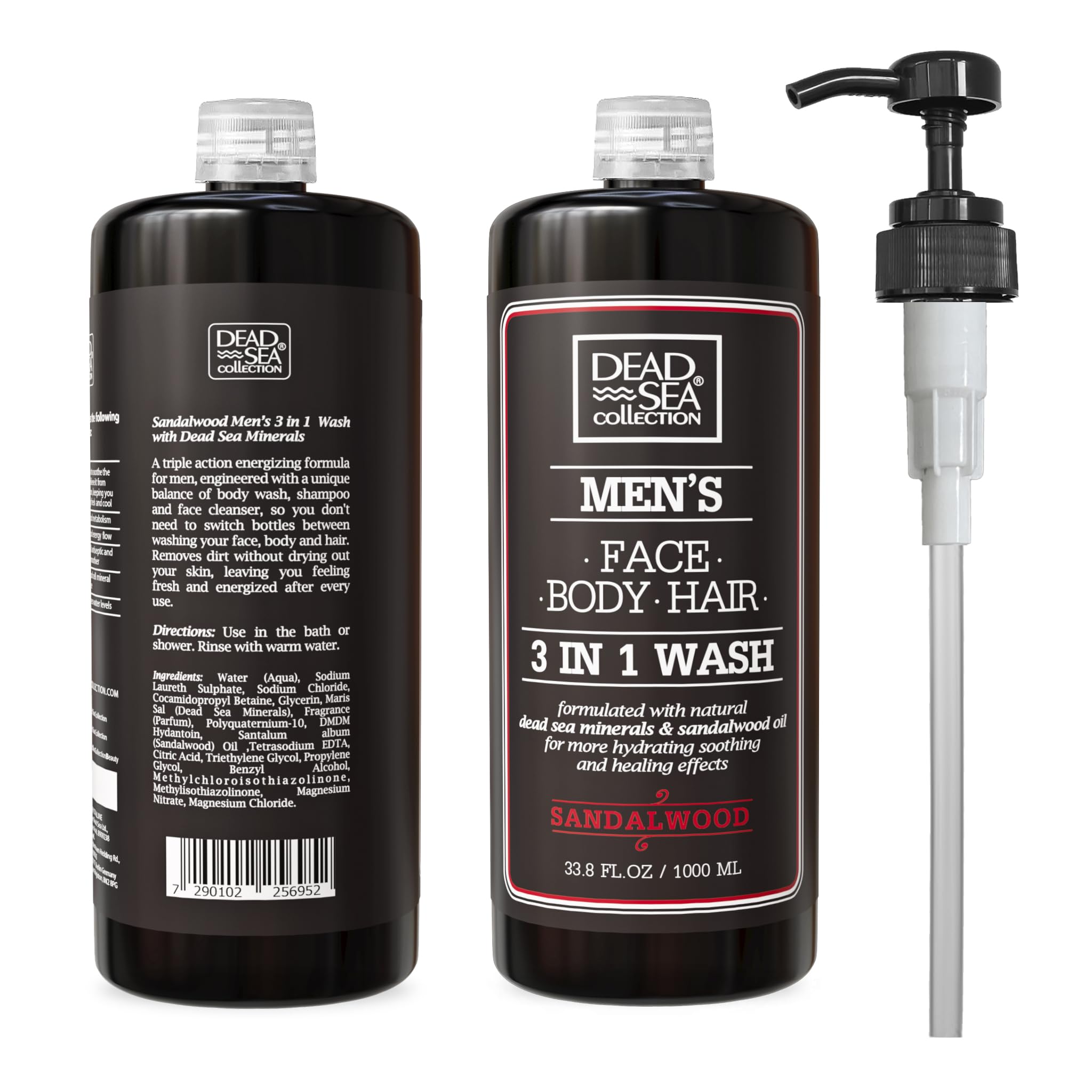 Dead Sea Collection 3-in-1 Men's Body Wash, Shampoo & Face Wash - Sandalwood Scented Shower Gel for Men (33.8 Fl Oz) - Hydrating & Refreshing for Daily Shower, Gym & Travel Use