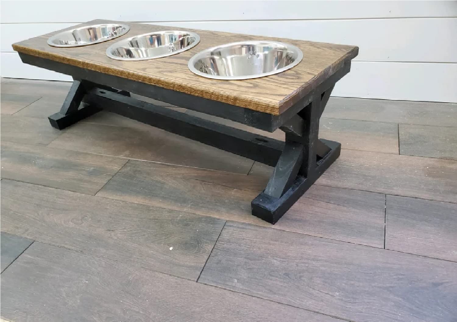 Elevated Dog Bowl Stand with 3 Bowls - Large Oak Raised Feeder for Big Dogs - Perfect for Dining Areas, Kitchens & Outdoor Use