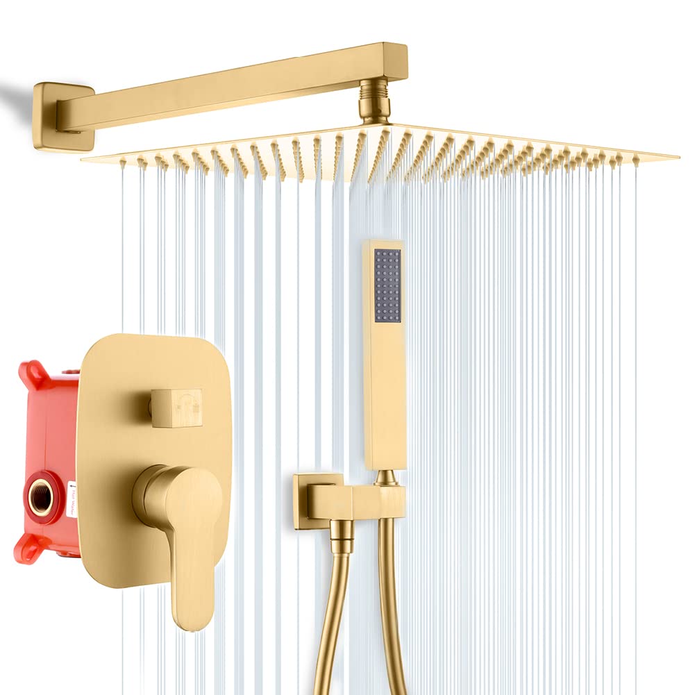 12 Inch Rainfall Shower Faucet Set - Brushed Gold Bathroom Shower Combo with Valve for Bathtub & Shower - Perfect for Modern Bathroom Renovation & Spa-Like Shower Experience
