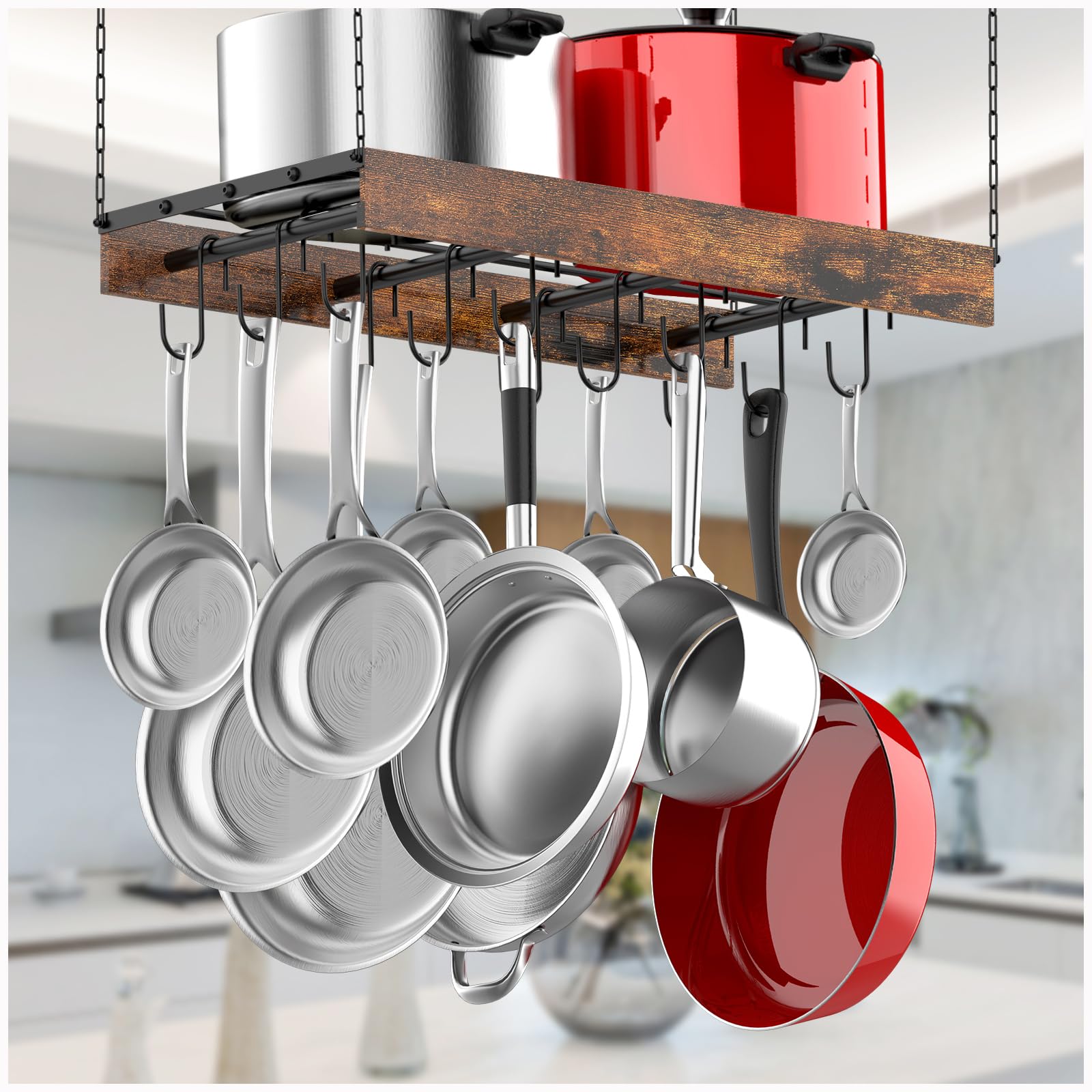 Vintage Iron and Wood Ceiling Mount Pot Rack Hanger - 24 x 13 x 2.4 Inches Kitchen Storage Organizer for Pots, Pans & Utensils - Perfect for Farmhouse, Rustic & Vintage Style Kitchens (Black)