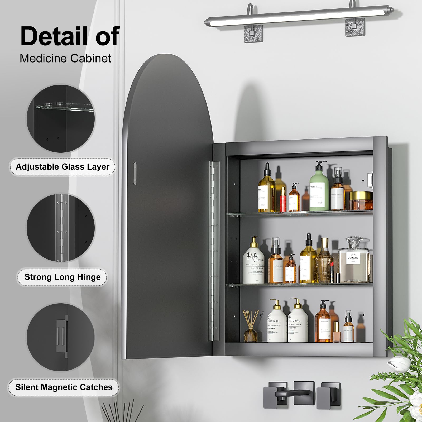 Recessed Medicine Cabinet with Mirror - 20x30 Inch Brushed Black Wall-Mounted Bathroom Storage Cabinet | Arched Design for Modern Bathrooms, Vanities & Powder Rooms
