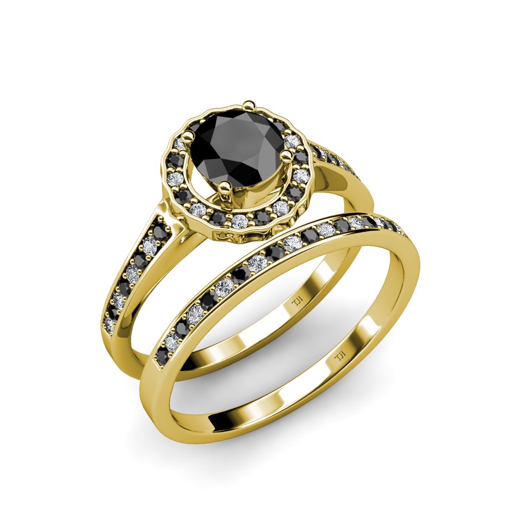 1.40 Carat Black & White Natural Diamond Halo Bridal Set Ring & Wedding Band in 18K Gold - Perfect for Engagement, Proposal & Anniversary Gifts