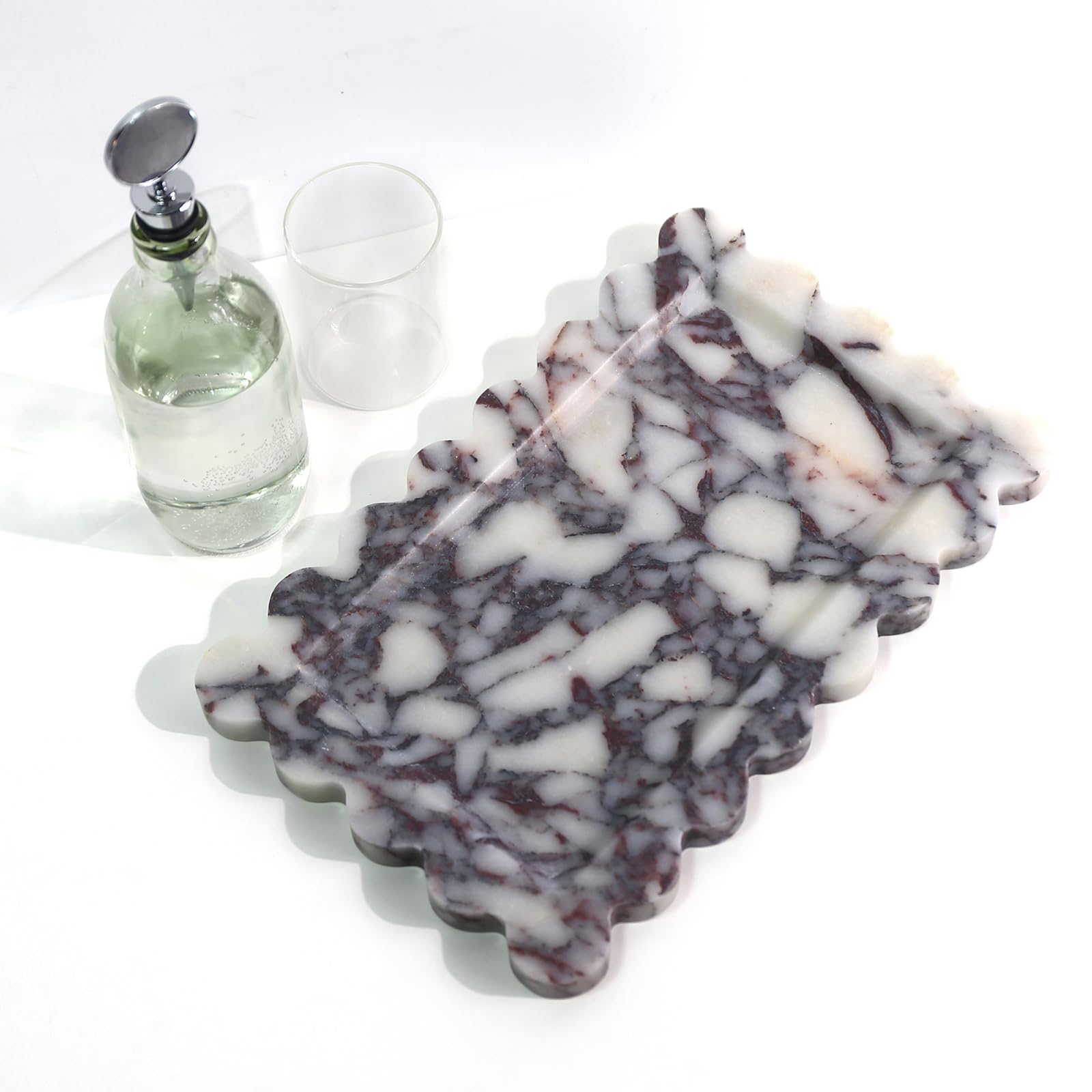 Luxury Scalloped Marble Vanity Tray - 100% Natural Stone Bathroom & Kitchen Organizer - Rectangle Storage Tray for Jewelry, Keys, Candles (11.8