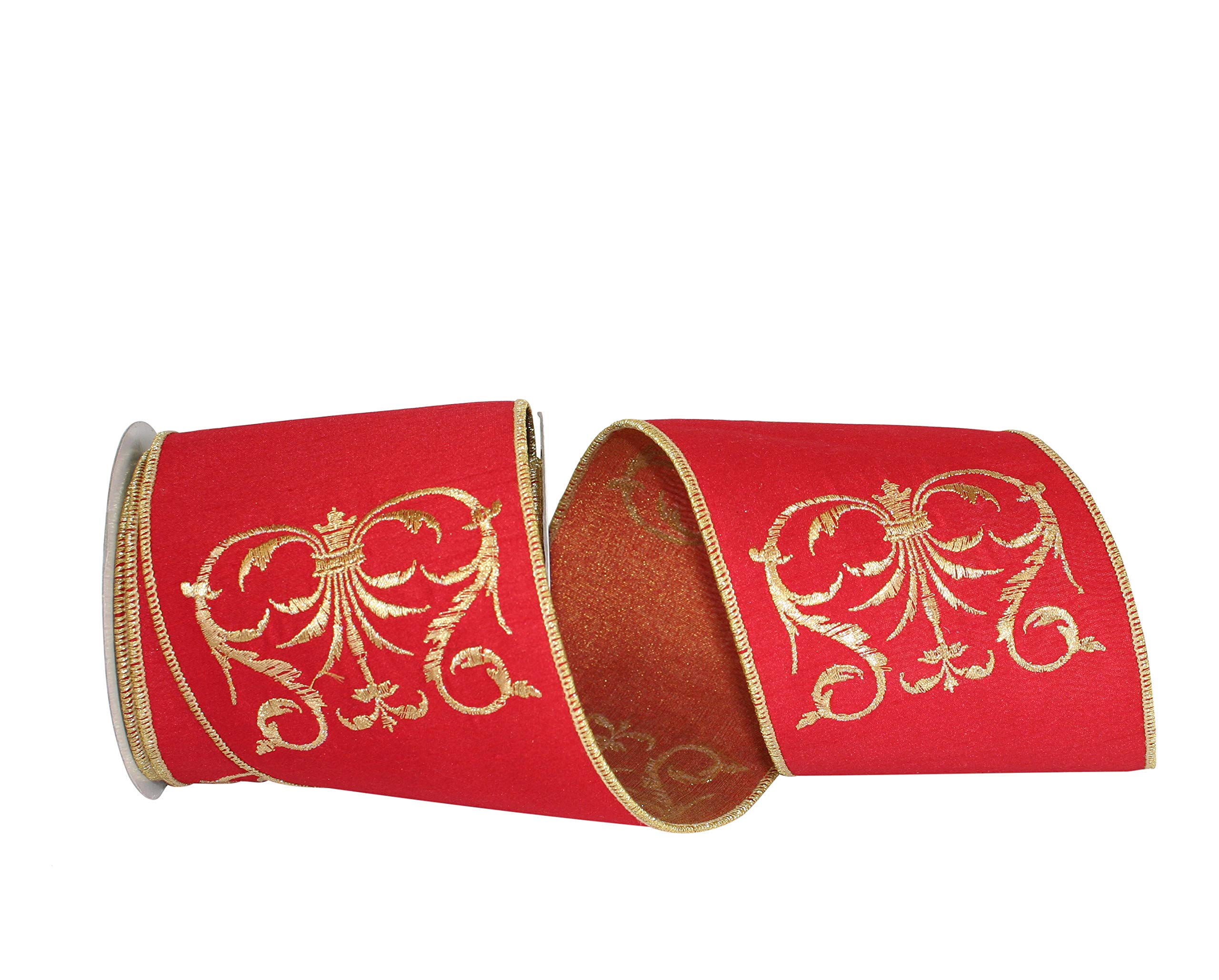 Reliant Ribbon Filigree Dupioni Crest Wired Edge Ribbon - 4 Inch x 5 Yards, Red & Gold - Perfect for Gift Wrapping, Wedding Decorations, DIY Crafts and Home Decoration