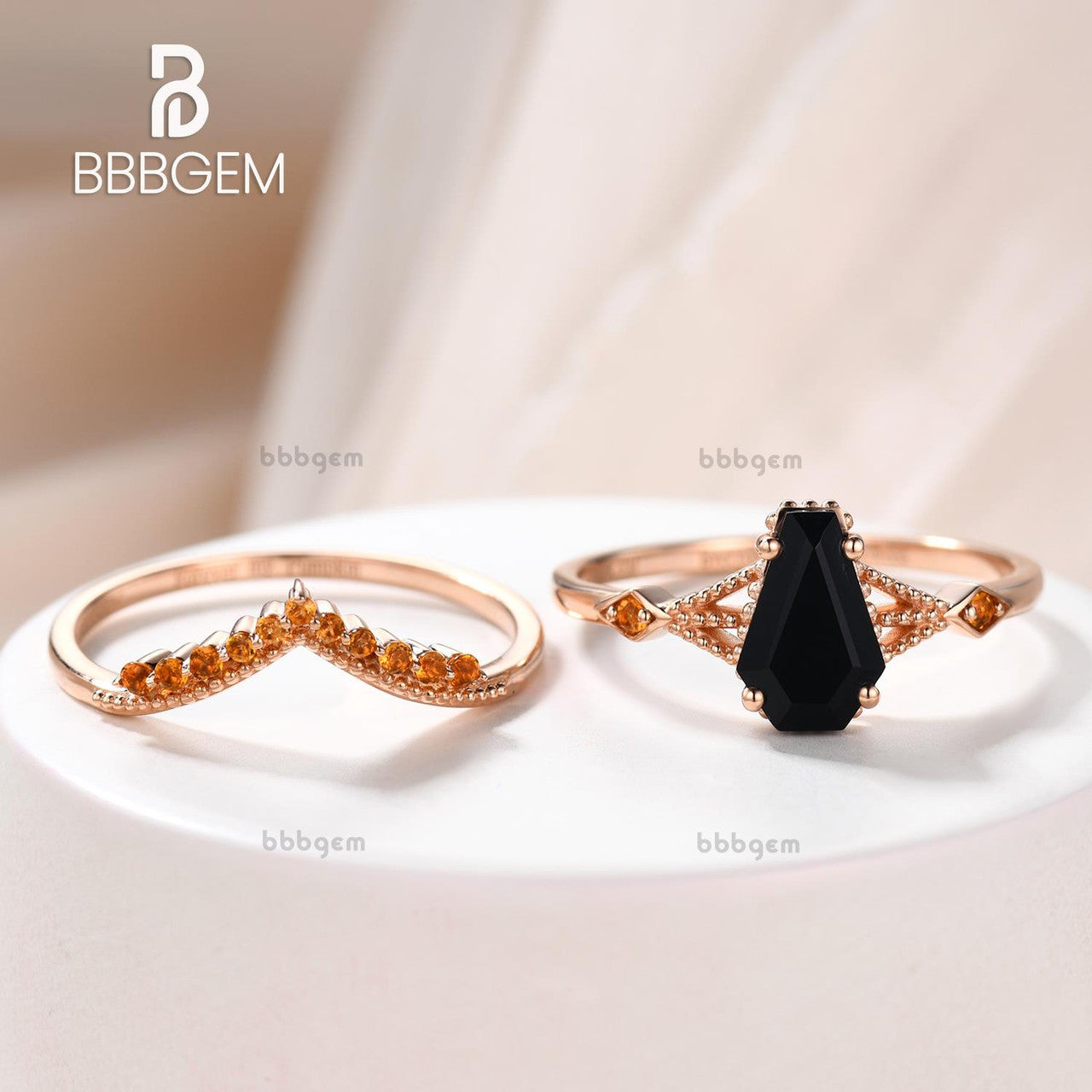 Him Black Spinel Coffin Wedding Ring Set with Yellow Citrine Milgrain Curve Band in Gold - Elegant Gothic Bridal Jewelry for Alternative Weddings & Dark Romance