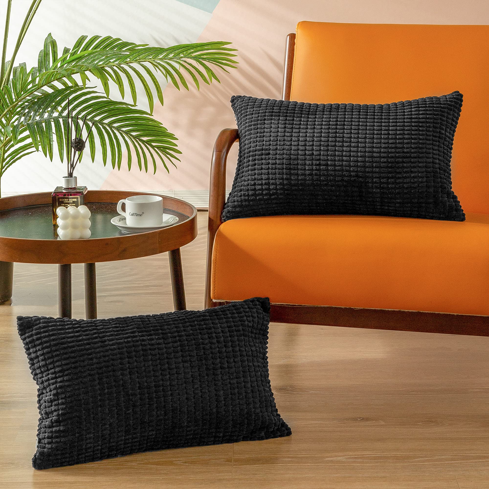 CaliTime 2-Pack Soft Corduroy Pillow Covers for Couch, Sofa & Bed - 12x20 Inches Black Striped Corn Design - Cozy Home Decor & Living Room Accessories - Perfect for Relaxing, Decorating & Gifting