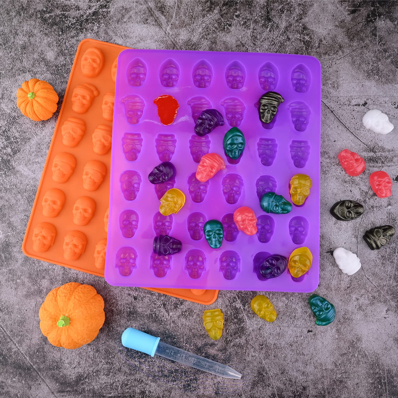HUAKENER 2 Pack Silicone Skull Candy Molds with Droppers - Food Grade Chocolate, Jelly, Ice Cube & Resin Casting Molds for Halloween Treats, DIY Crafts & Dog Snacks - Perfect for Party Decorations & Baking Projects