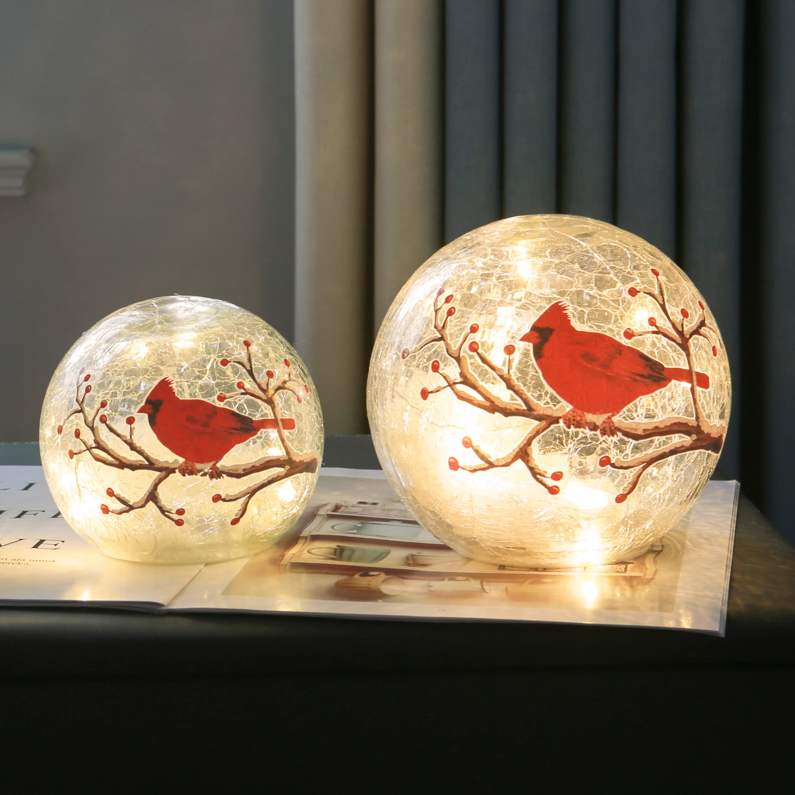Red Cardinal Stained Glass Crackle Ball LED Desk Lamp - Large Christmas Decor Accent Light for Home, Office & Holiday Decorations | Perfect for Mantel, Table Centerpiece & Seasonal Display