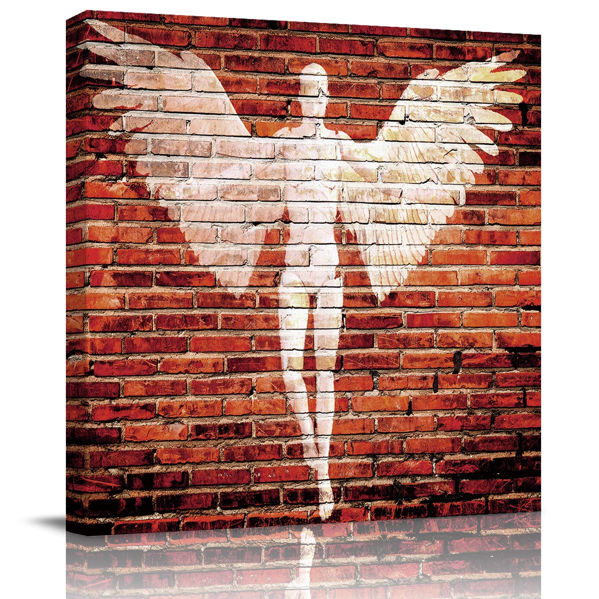 Graffiti Art Canvas Painting - Angel with White Wings on Brick Wall Artwork, 20x20 Inch Framed Wall Decor for Bedroom, Living Room, Bathroom, Kitchen & Home Office | Perfect for Modern Home Decor & Gift Giving